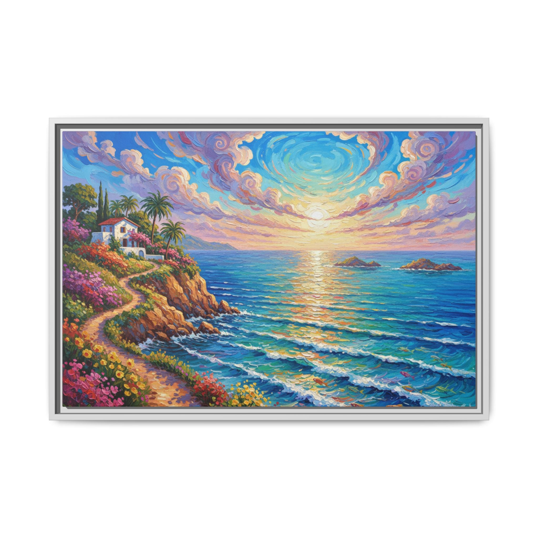 Ocean Floral Print Canvas | Bright Colorful Seascape Wall Art, Framed Matte Office Art Work