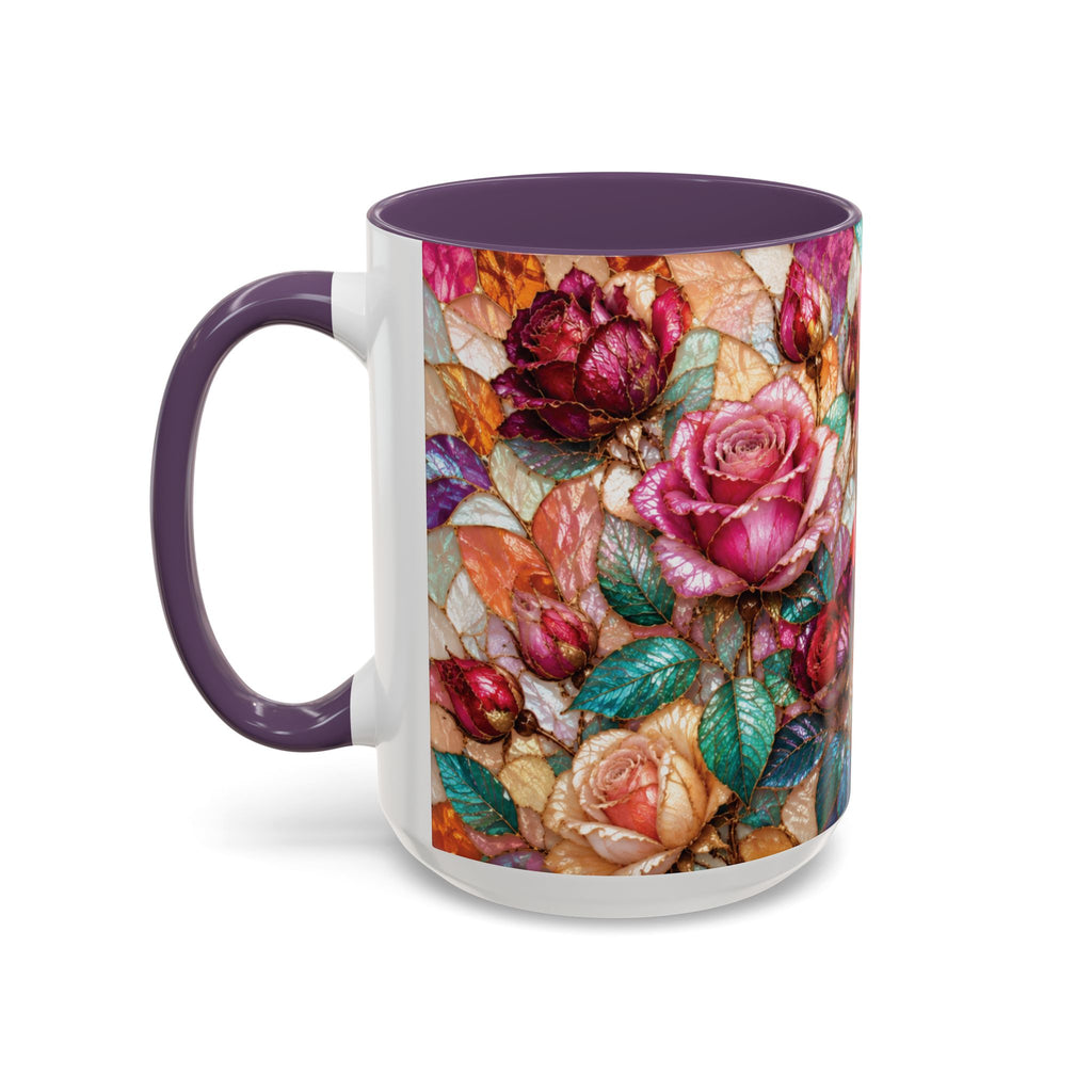 Floral Stained-Glass Accent Coffee Mug Colorful Rose Pattern (11/15 oz) Gift for Her