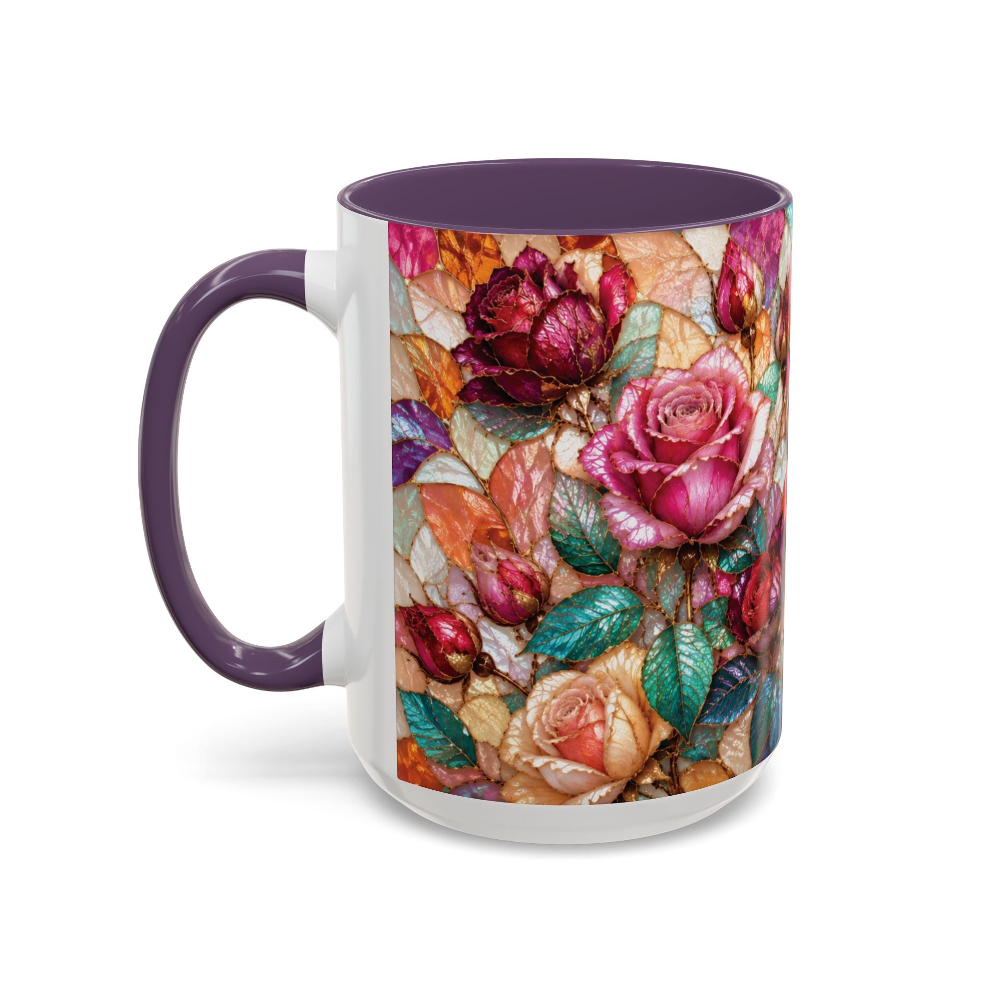 Floral Stained-Glass Accent Coffee Mug Colorful Rose Pattern (11/15 oz) Gift for Her
