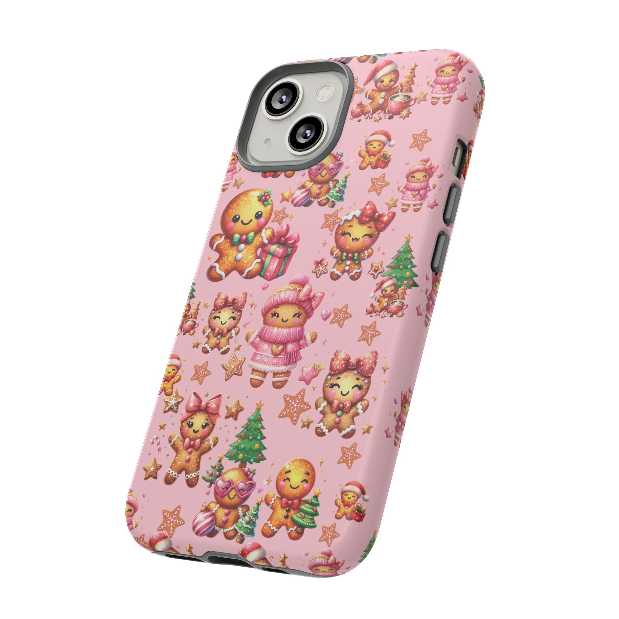 Coque de téléphone en forme de petite fille pain d'épices rose adorable, ambiance girly pour les fêtes, esthétique douce de Noël, idée cadeau mignonne et festive pour elle, housse de protection amusante