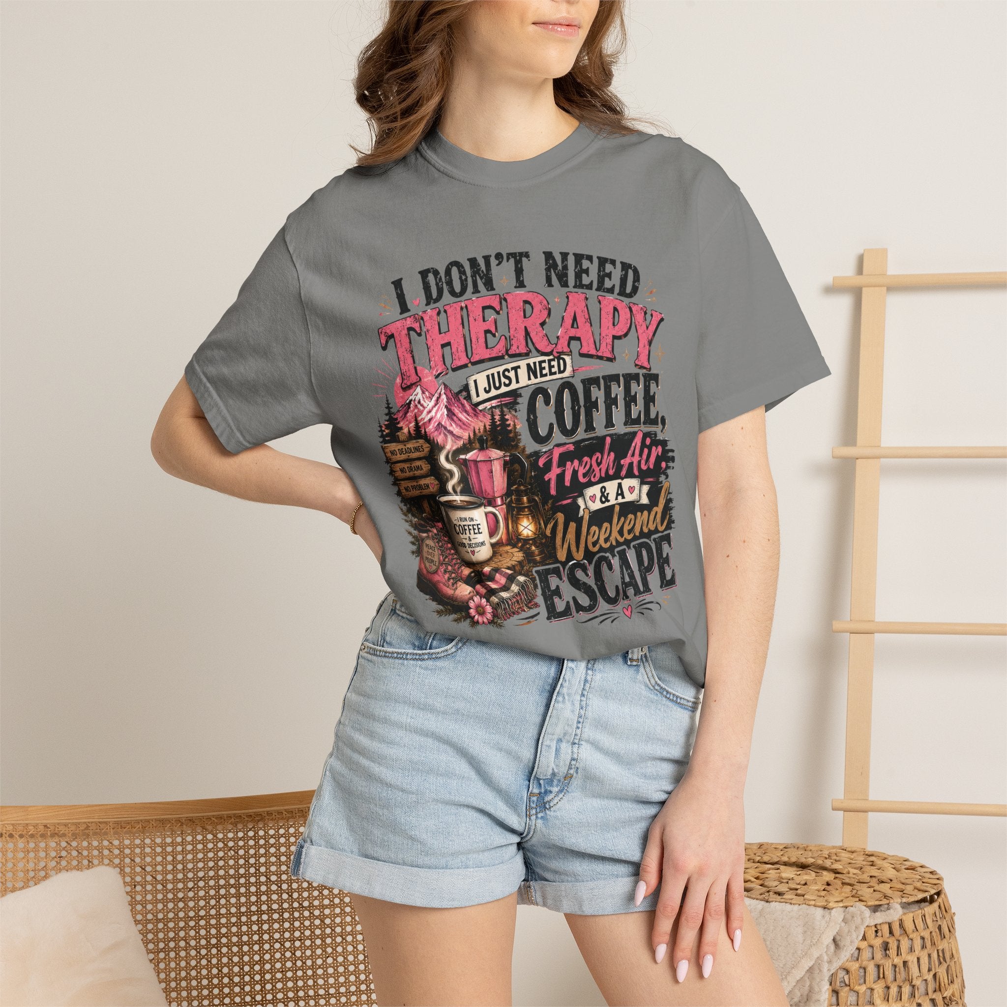 T-Shirt — “I Don’t Need Therapy, I Just Need Coffee, Fresh Air & A Weekend Escape” Vintage Coffee & Outdoors Tee
