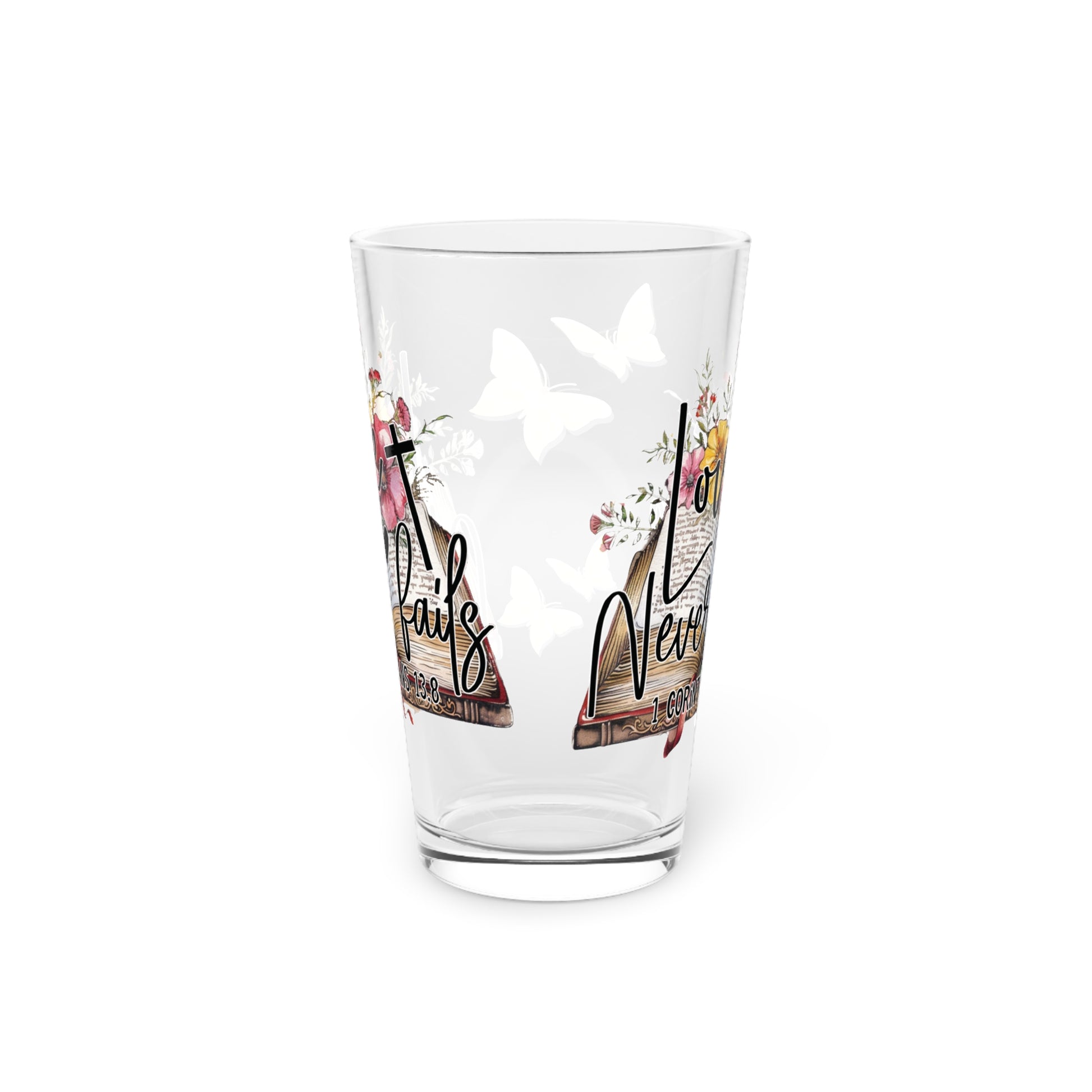 Love Never Fails 16oz Pint Glass – Christian Glassware for Faith & Inspiration | Perfect for Water, Juice & More – Unique Religious Gift Idea