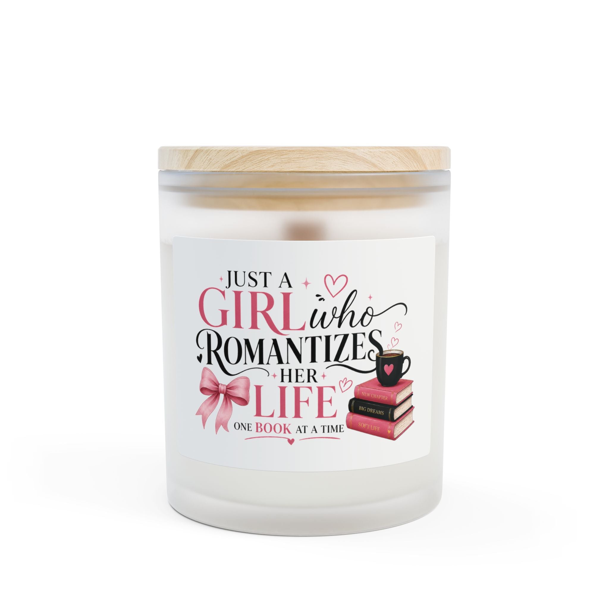 Romanticizes Her Life Candle — Frosted Glass 11oz ("Just a Girl Who Romanticizes her Life One Book at a Time")