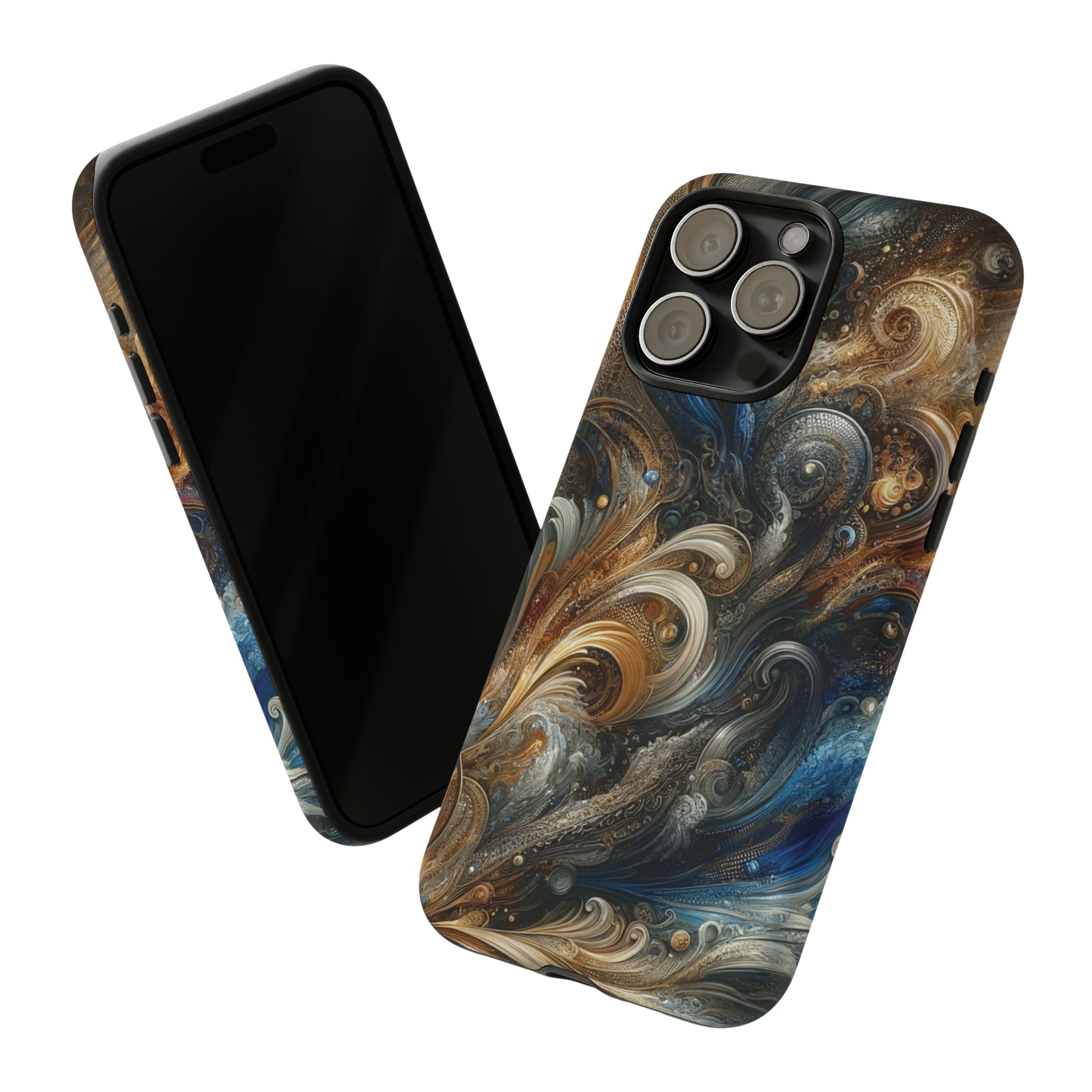 Gold and Navy Art Design Luxury Phone Tough Case Floral Elegant Durable Stylish for Modern Devices iPhone 15, Samsung iPhone Samsung Accessory Gift for Her.