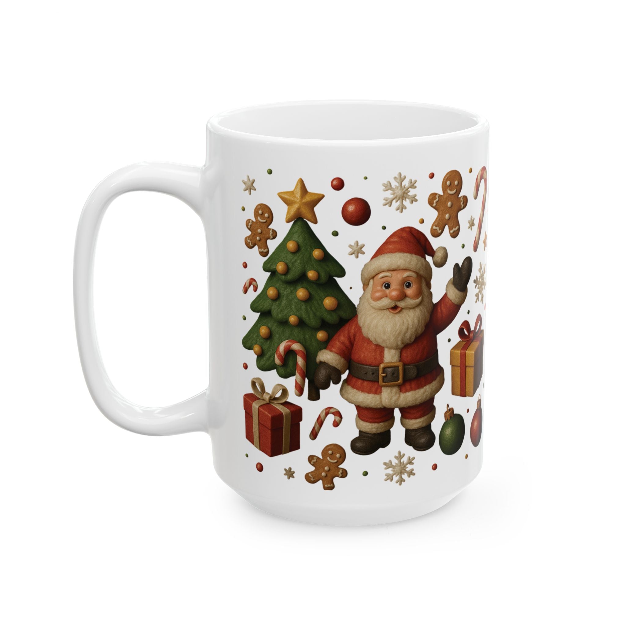 Santa & Tree Christmas Mug 11oz & 15oz Holiday Cup with Gingerbread, Candy Canes, Gifts – Perfect for Cocoa, Coffee, or Winter Mornings
