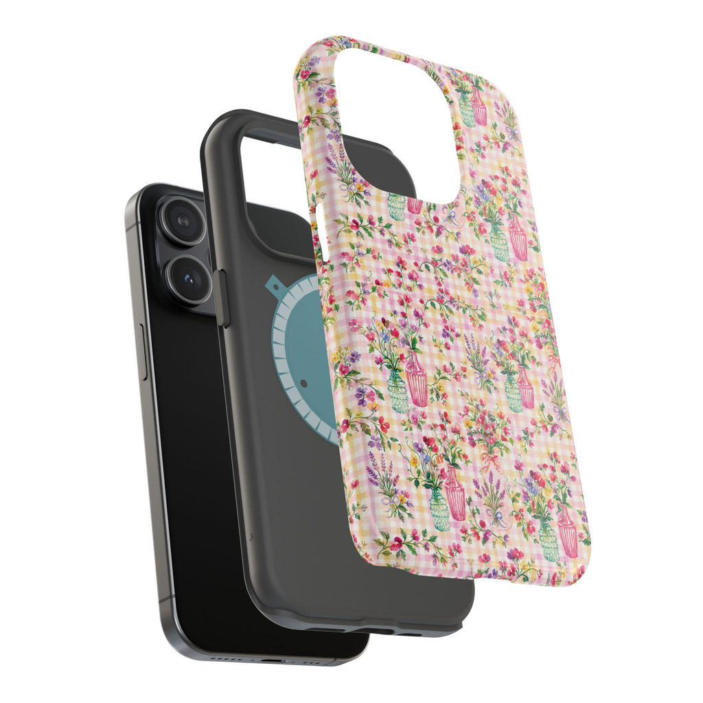 Turquoise & Pink Floral Checker Phone Case — Magnetic Impact-Resistant