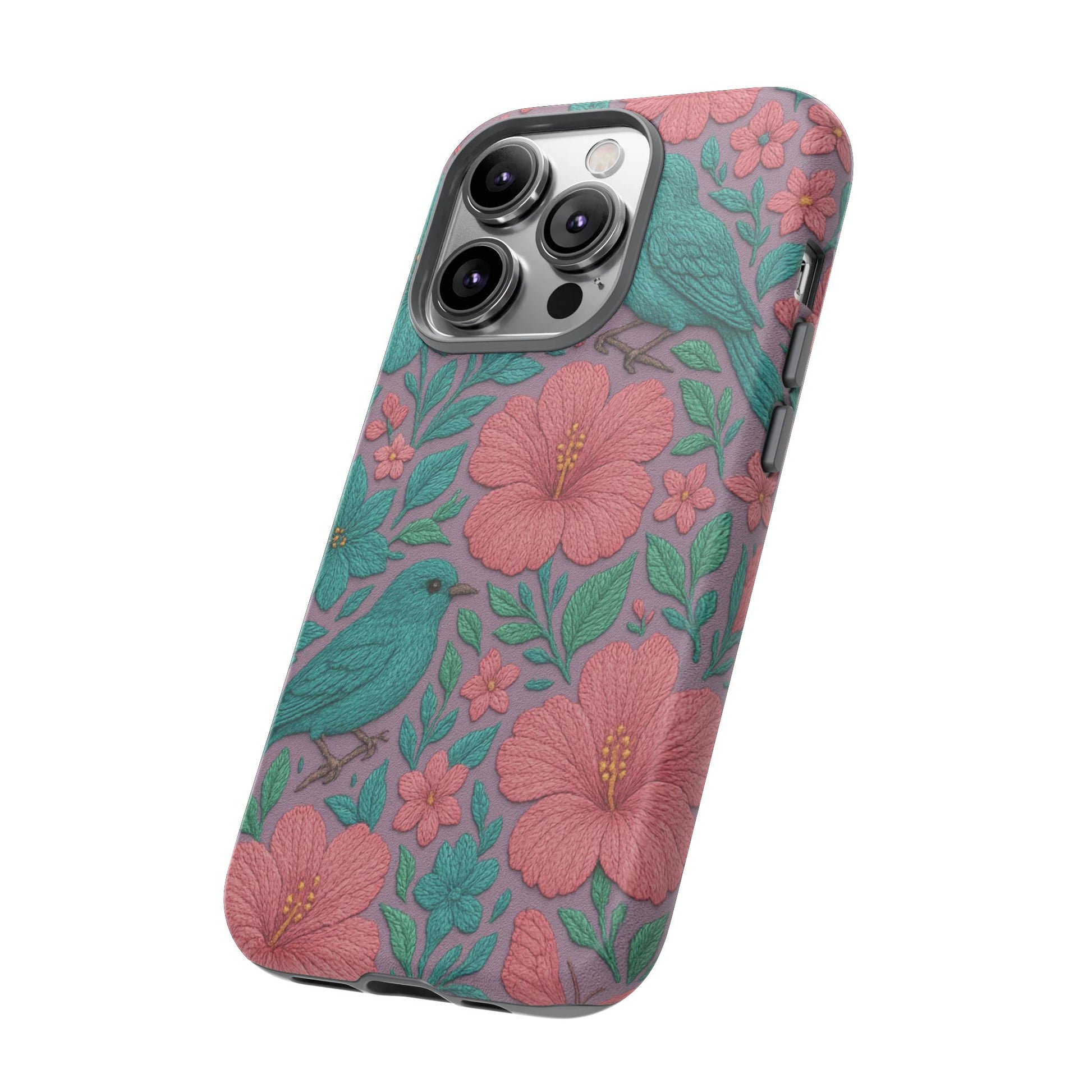 Turquoise, Pink and Lavender 3D Embroidery Illusion Phone Case Tropical Flowers, Birds & Butterflies Cover with Bold, Realistic Floral Texture iPhone, Samsung