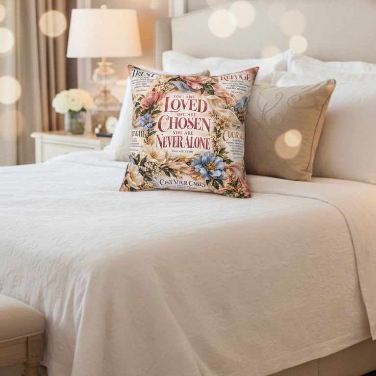 A square decorative throw pillow featuring a vintage-style floral print with religious text from Isaiah 45:10. The design includes soft pink, blue, and beige flowers on a cream background with red and dark brown typography reading 'YOU ARE LOVED YOU ARE CHOSEN YOU ARE NEVER ALONE'.