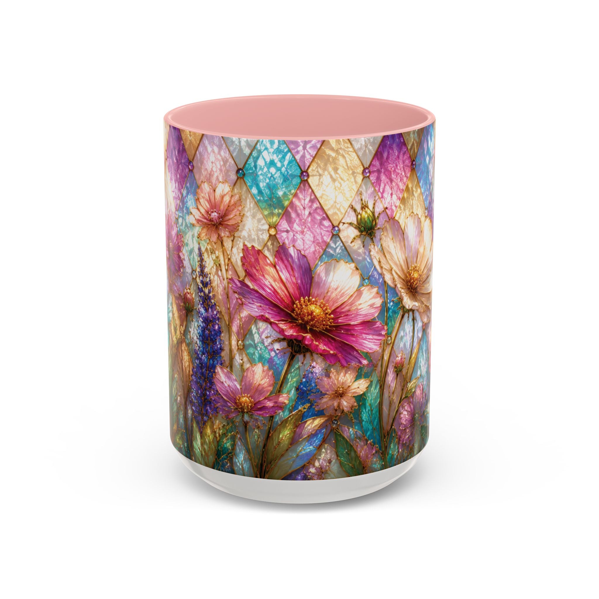 Floral Mosaic Accent Coffee Mug — Colorful Garden Flowers 11/15oz Stain Glass Illusion