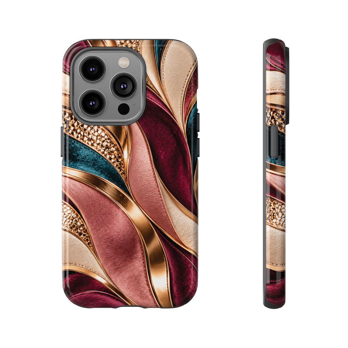 Lux Marble Waves Phone Case Metallic Burgundy, Teal Gold Protective Cover iPhone 18