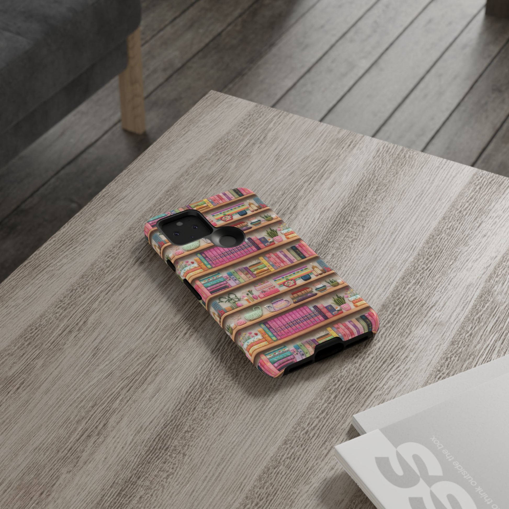 Whimsical 3D Embroidery Illusion Books on Pastel Shelves Phone Case for iPhone, Samsung & Pixel: Unique Accessory for Literary Enthusiasts Gift for Her Perfect for Floral Lover