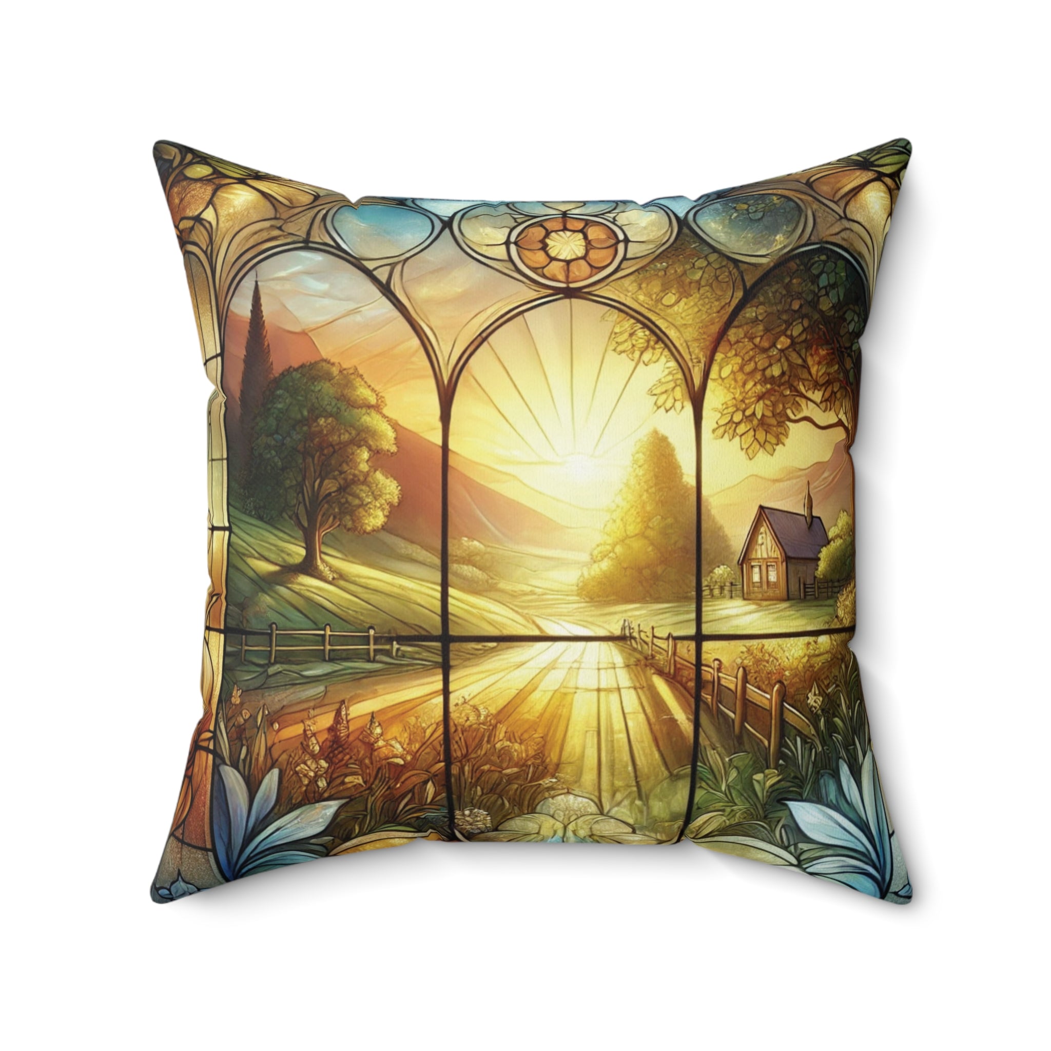 Farmhouse Sunset Stained Glass Illusion Pillow Rustic Country Scene Square Throw Pillow | Unique Home Decor for Living Room, Bedroom, or Gifting100% Polyester Cover with Double-Sided Print, Concealed Zipper, Bridal Shower Gift - MRSBYVALLE
