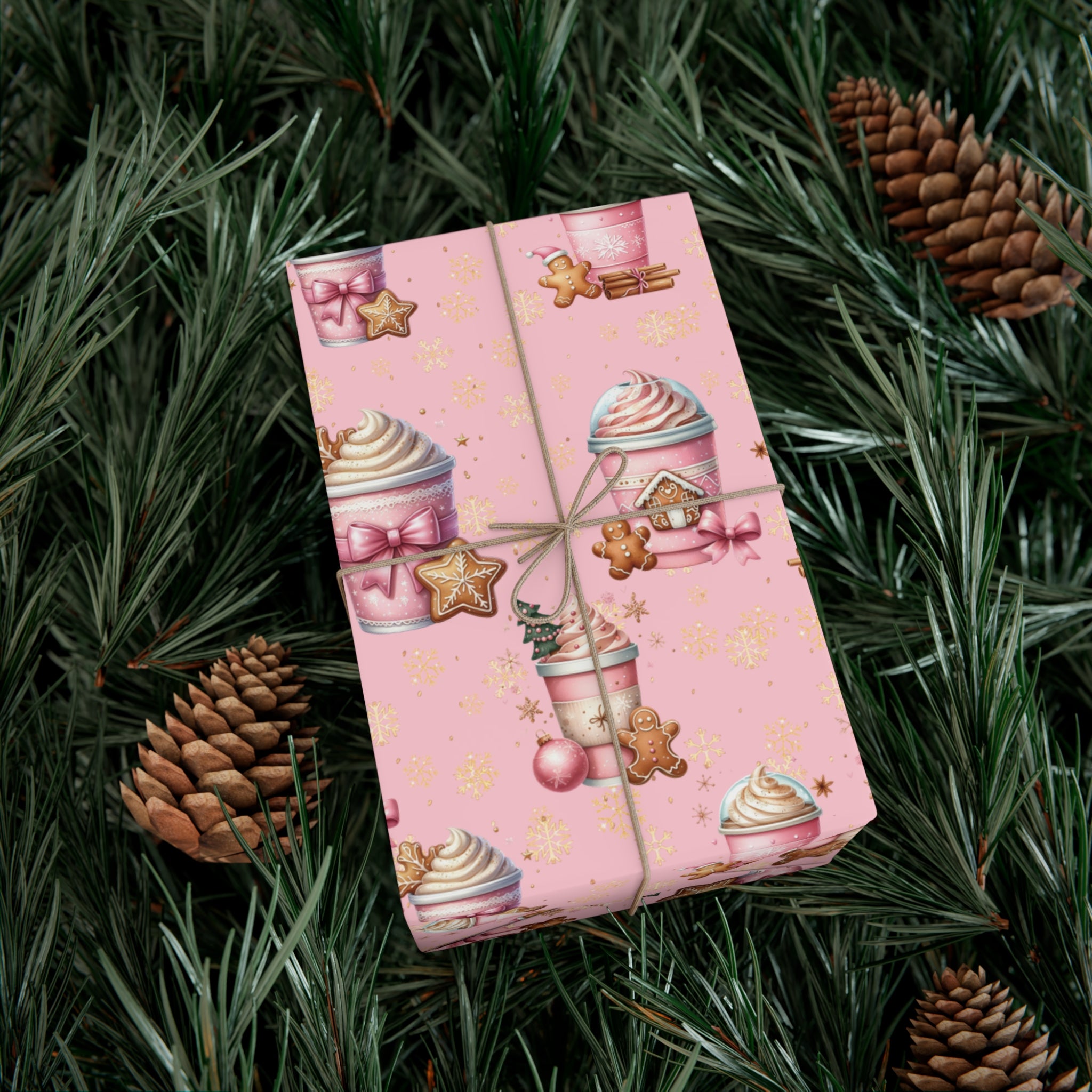 Whimsical Pink Gingerbread People with Coffee Delights Wrapping Paper Festive, Playful, and Perfect for Adding a Sweet Touch to Your Holiday Gifts Moms - MRSBYVALLE