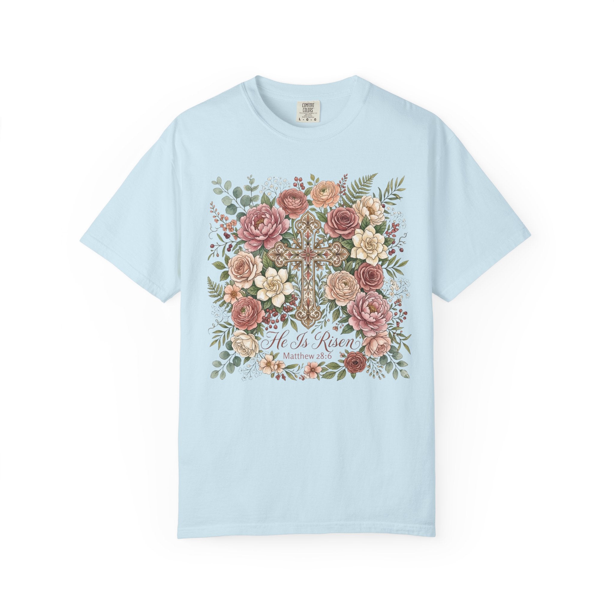 He Is Risen Floral Cross T-Shirt Christian Gift