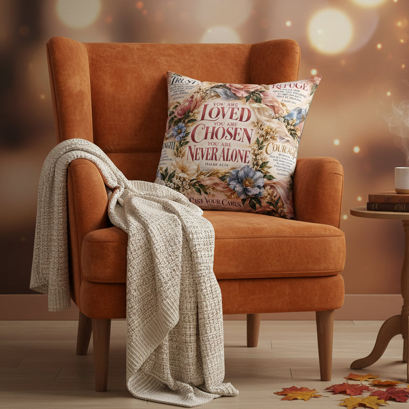 A square decorative throw pillow featuring a vintage-style floral and scripture print. The design includes pink and blue flowers, cream-colored blossoms, and a central red text design that reads 'YOU ARE LOVED YOU ARE CHOSEN YOU ARE NEVER ALONE' with 'ISAIAH 41:10' below it.