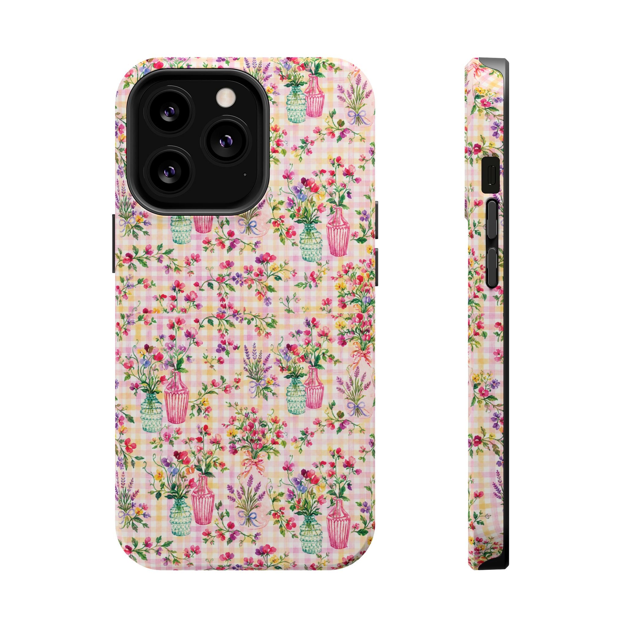 Turquoise & Pink Floral Checker Phone Case — Magnetic Impact-Resistant