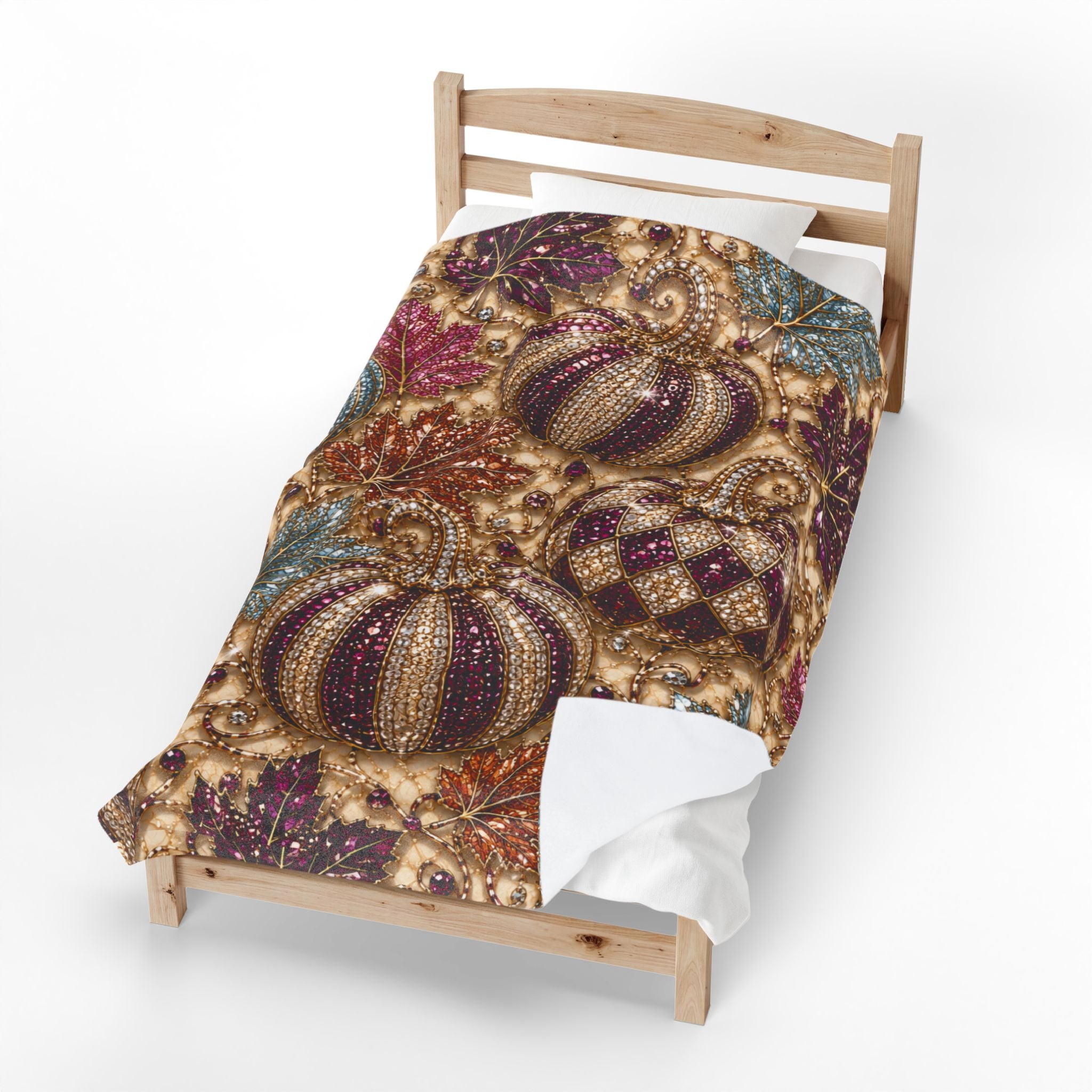 Plush Blanket - Jewel-Toned Decorative Pumpkins & Leaves Fall Throw Rhinestone Faux
