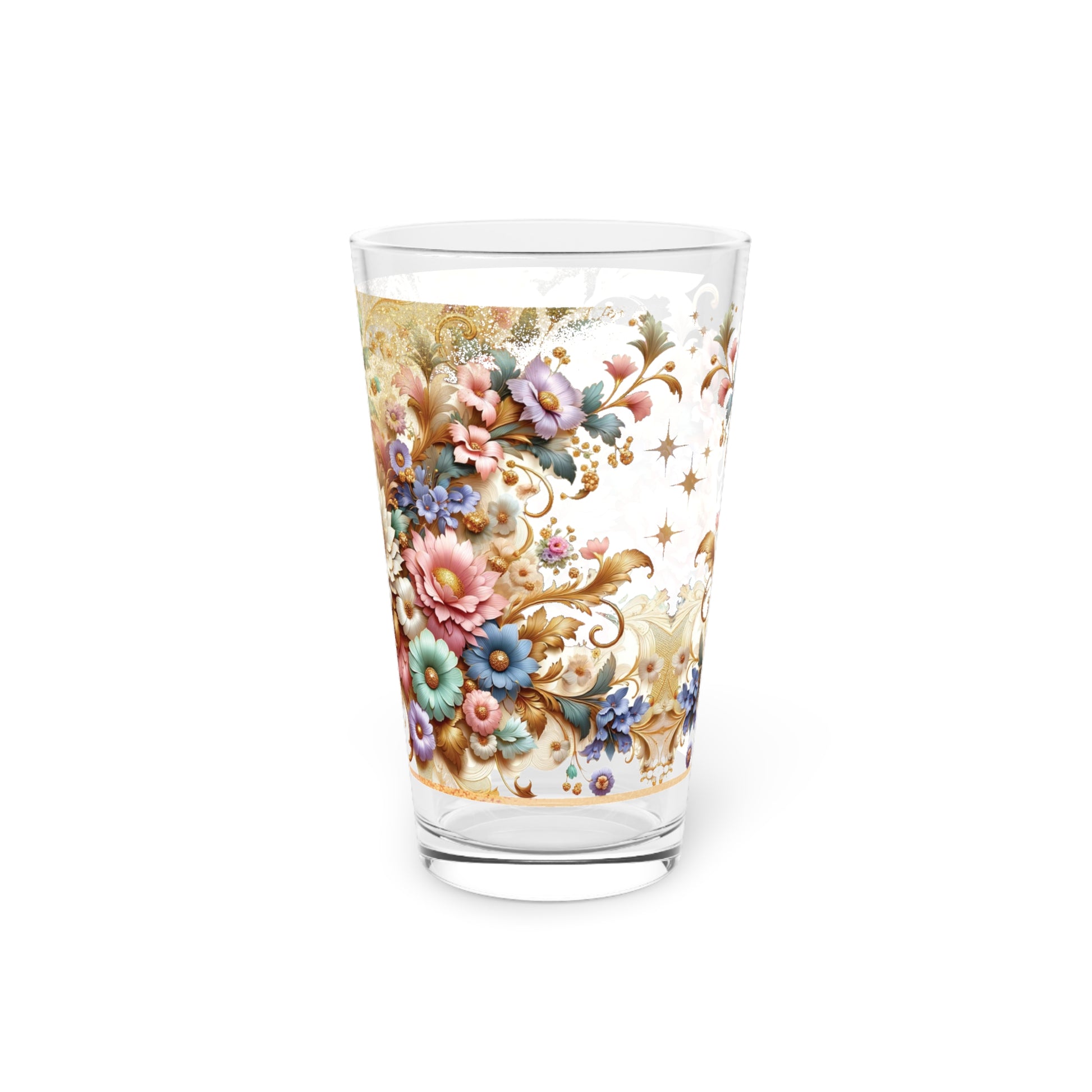 Watercolor Gold Pink Purple Floral 16oz Pint Glass Delicate Blooms for Refreshing Sips Art Gifts, Party Drinkware, Cocktail Glass Housewarming Perfect Gift Party Drinkware, Cocktail, Wedding Perfect for Parties Glassware, New House Gift.