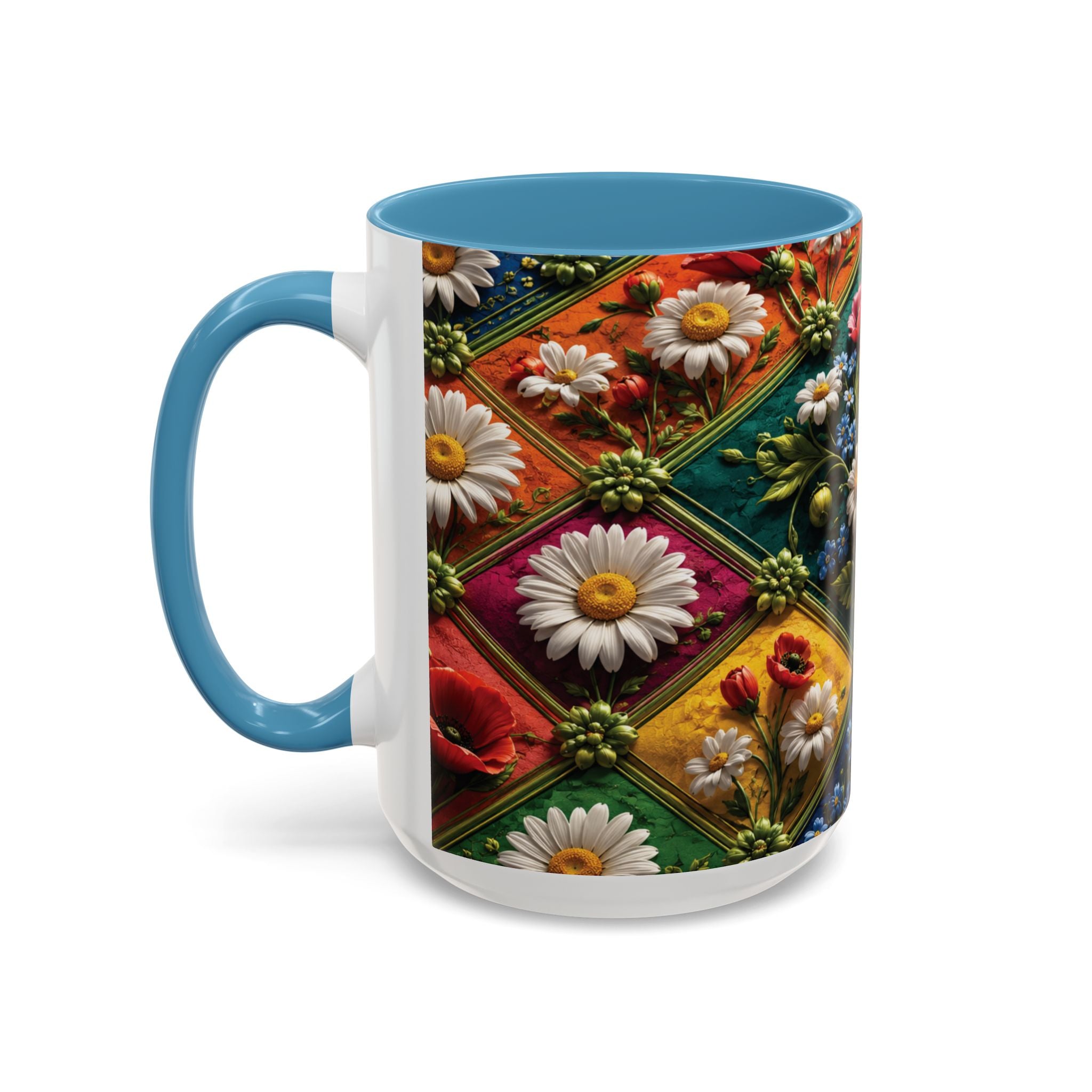 Floral Patchwork Accent Coffee Mug — Colorful Poppies & Daisies (11/15oz) 3D Illusion