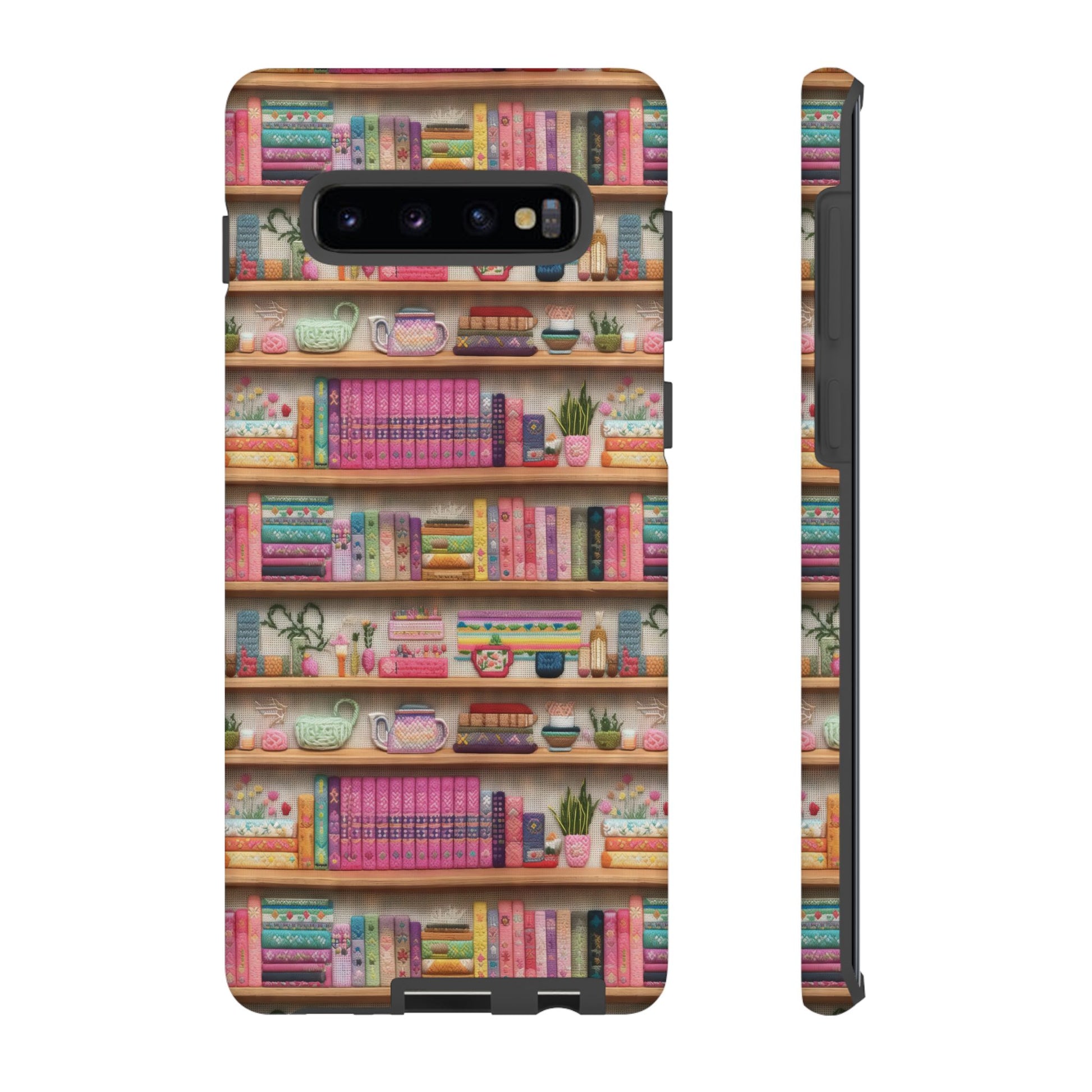 Whimsical 3D Embroidery Illusion Books on Pastel Shelves Phone Case for iPhone, Samsung & Pixel: Unique Accessory for Literary Enthusiasts Gift for Her Perfect for Floral Lover