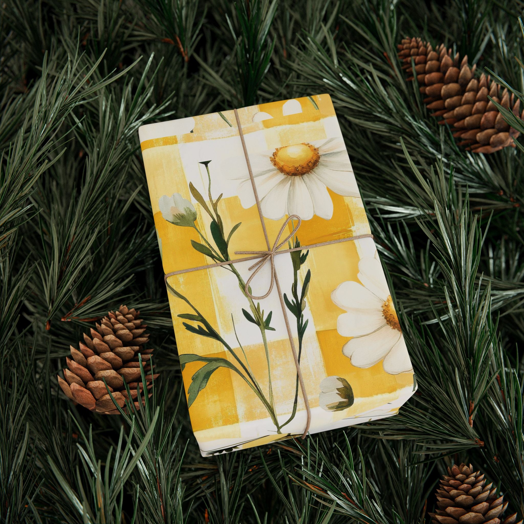 Papier Cadeau Jaune Pastel à Carreaux Marguerite — Papier Cadeau Floral Printanier