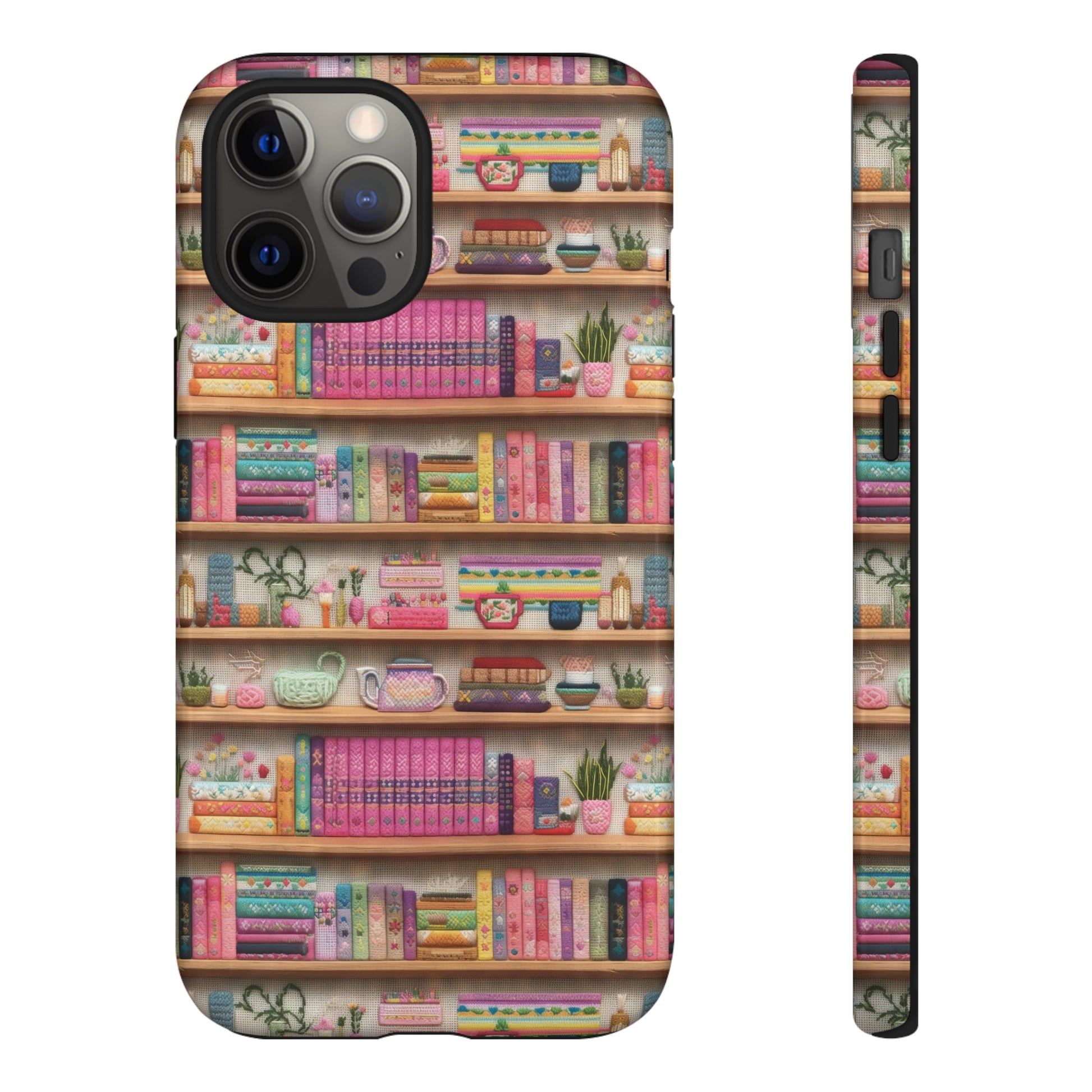 Phone Case 3D Illusion Books & Shelf Embroidery Design with Vibrant Colors Gift for Her Phone 15, Samsung iPhone Samsung Gift for Her Case iPhone 15, Samsung iPhone Samsung Accessory Gift for Her.