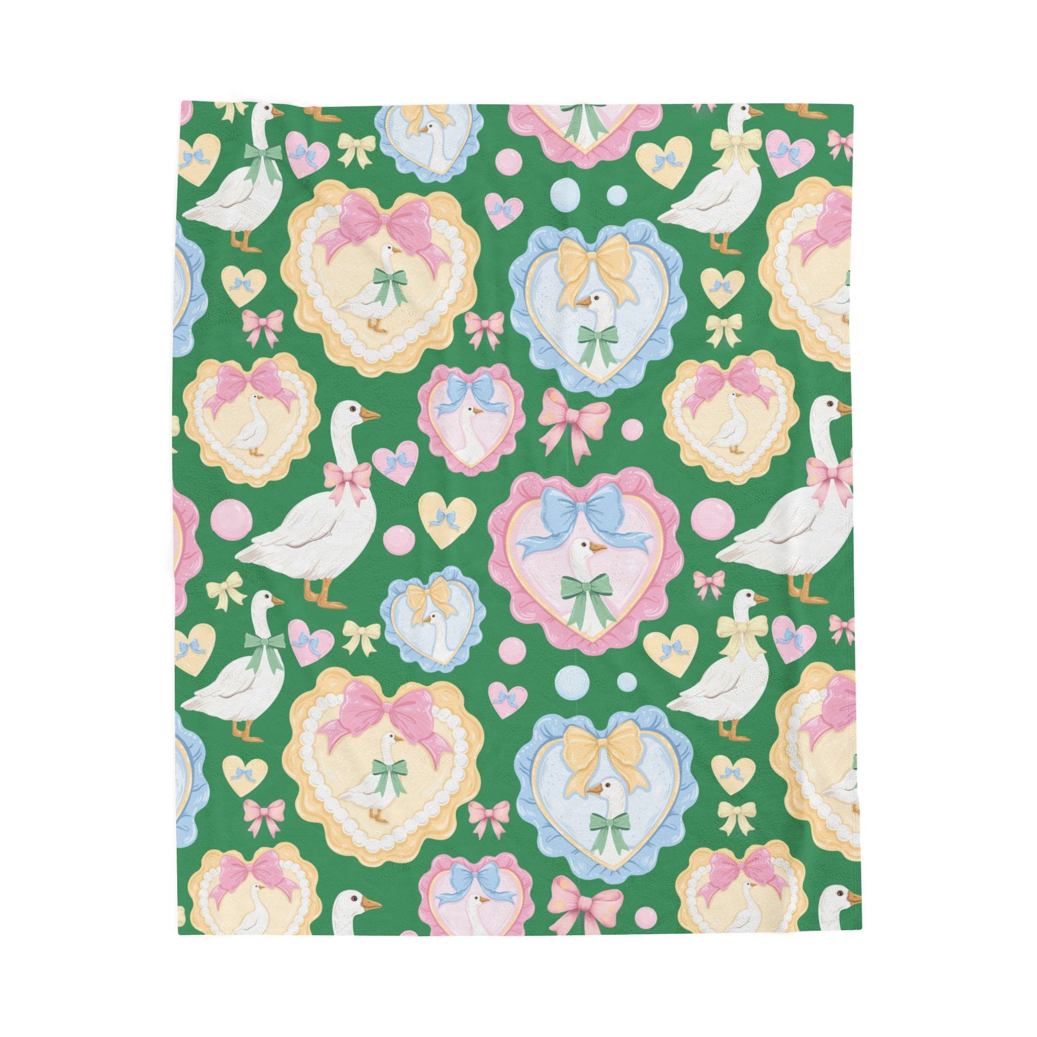 Silly Goose Green Velveteen Plush Blanket — Pastel Bows & Hearts Cozy Throw