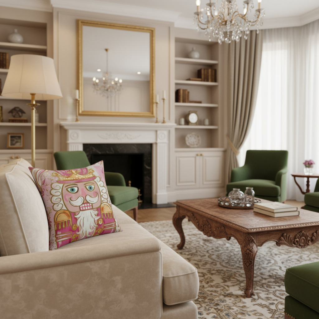 Decorative pillow with a cartoon king design on a pink background