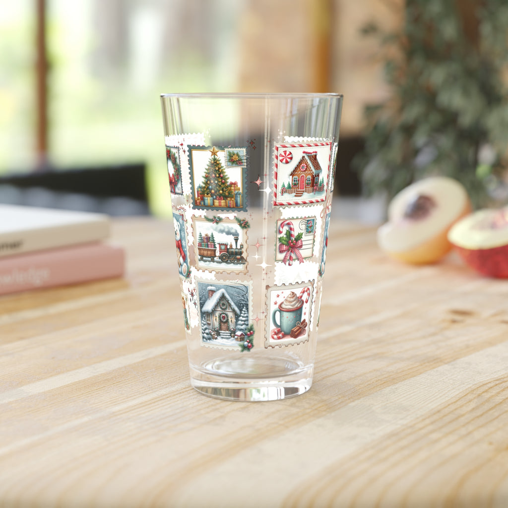 Christmas Postal Stamp Pint Glass Holiday Party 16oz