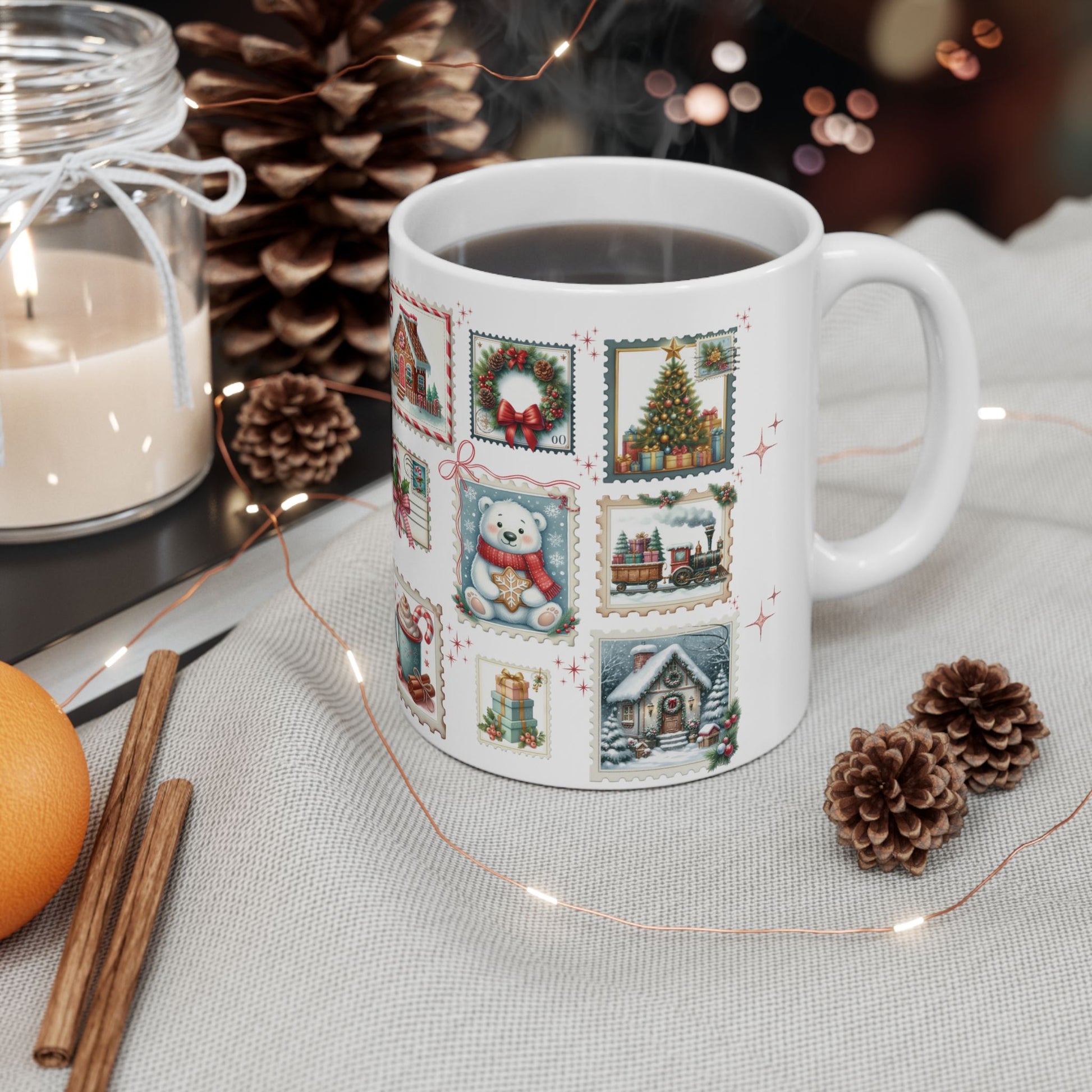 Christmas Postal Stamps Mug 15 and 11 oz Perfect for Coffee, Hot Chocolate and more