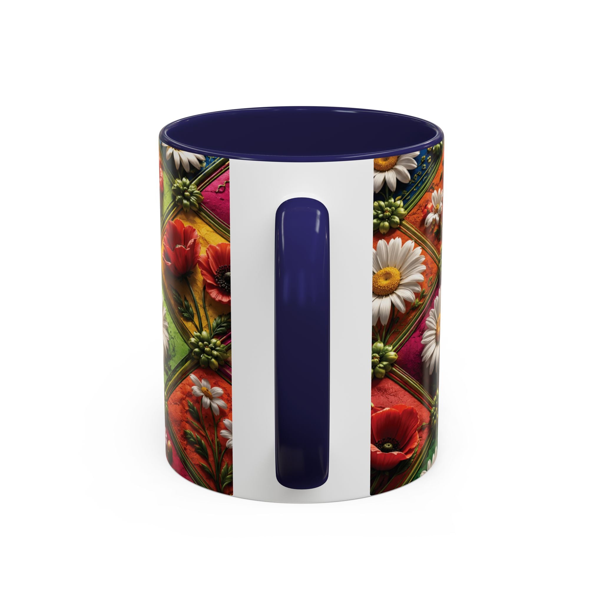 Floral Patchwork Accent Coffee Mug — Colorful Poppies & Daisies (11/15oz) 3D Illusion