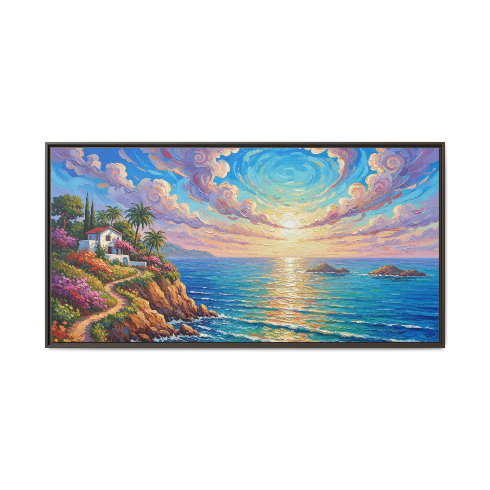 Ocean Floral Print Canvas | Bright Colorful Seascape Wall Art, Framed Matte Office Art Work