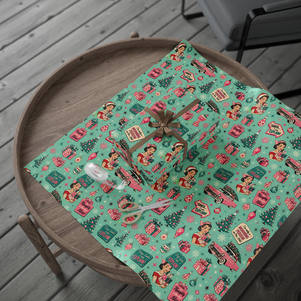 Funny Retro Christmas Wrapping Paper  Vintage Pink Holiday Gift Wrap  Mid Century Christmas Gifts Cute Nostalgic Xmas Paper
