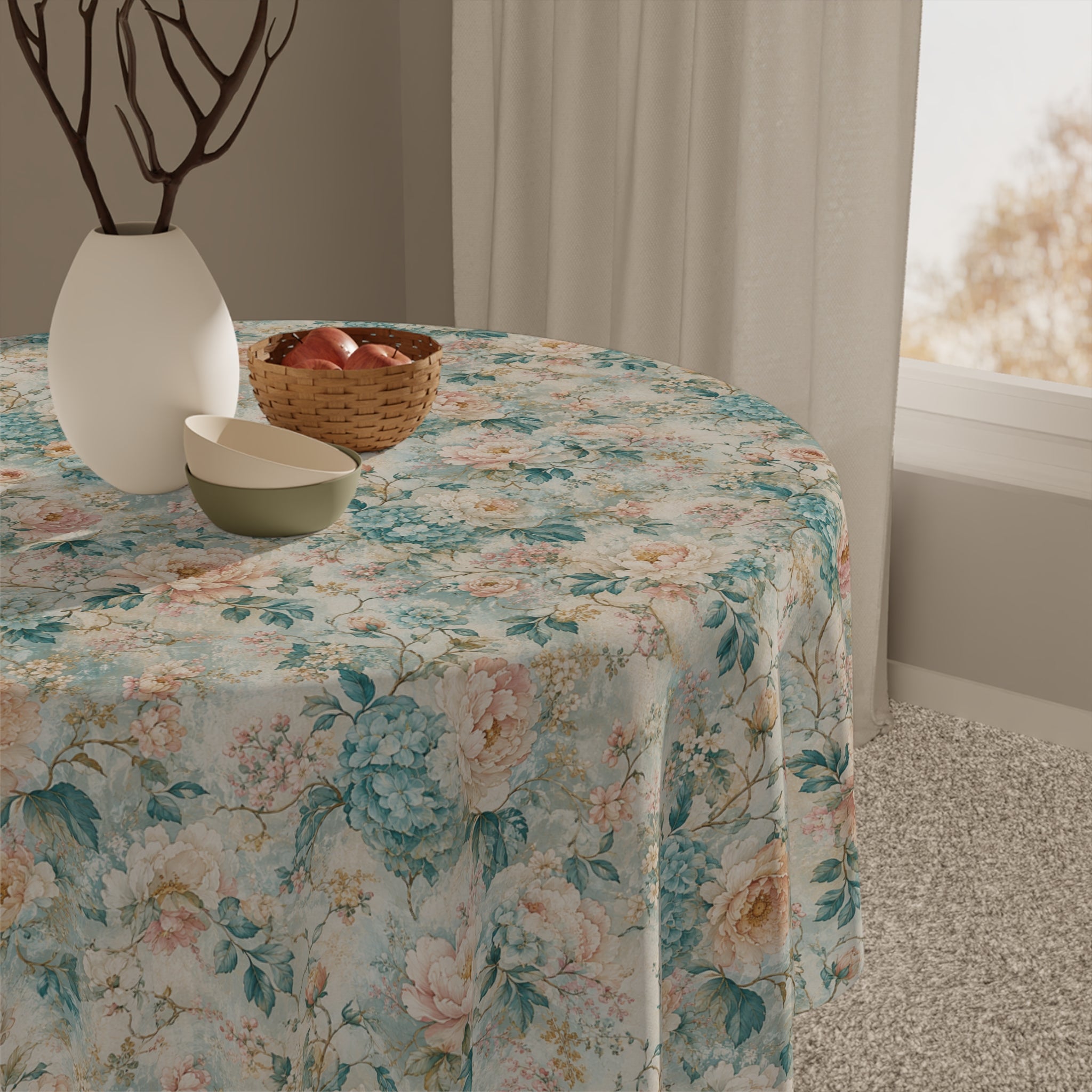 Floral Vintage Tablecloth – Pastel Rose & Teal Cottagecore Dining Linen New House