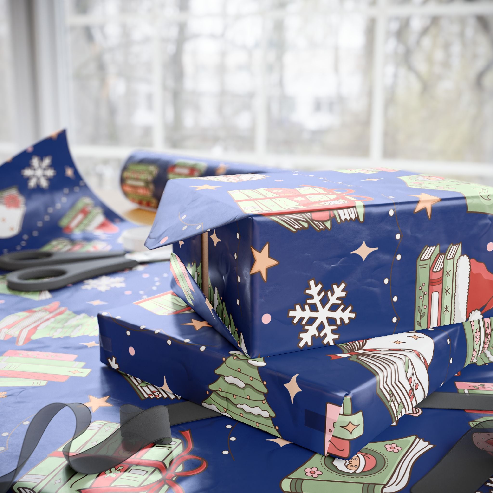 Papiers Cadeaux Bleu Royal Noël Livres et Café Emballage Cadeau de Fêtes
