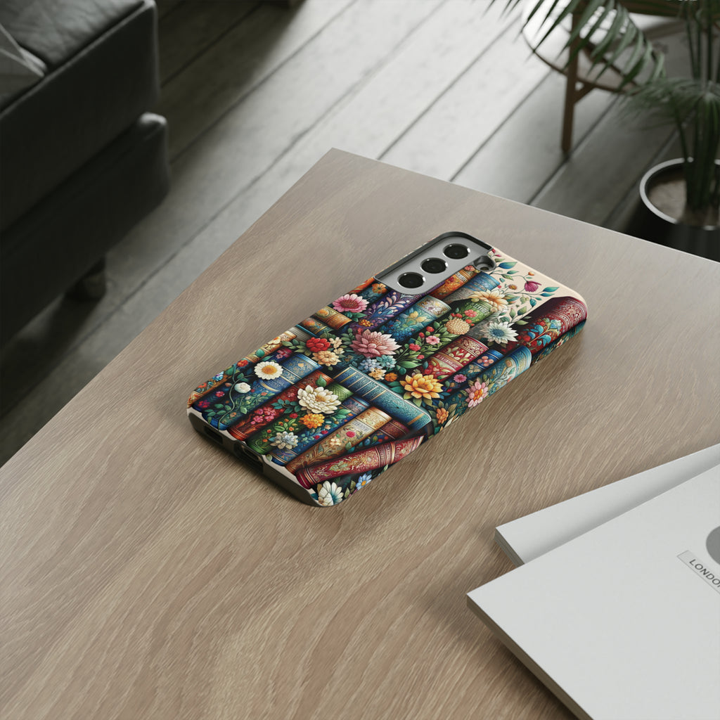 Books and Floral Boho Luxury Phone Tough Case Floral Elegant Durable Stylish for Modern Devices iPhone 15, Samsung iPhone Samsung Accessory Gift for Her.