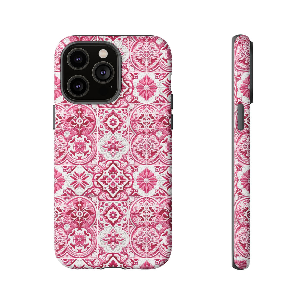 Pink and White Mediterranean Tile Design Phone Case - Stylish, Protective Cover for All Models Gift for Mom Accessory Gift for Her