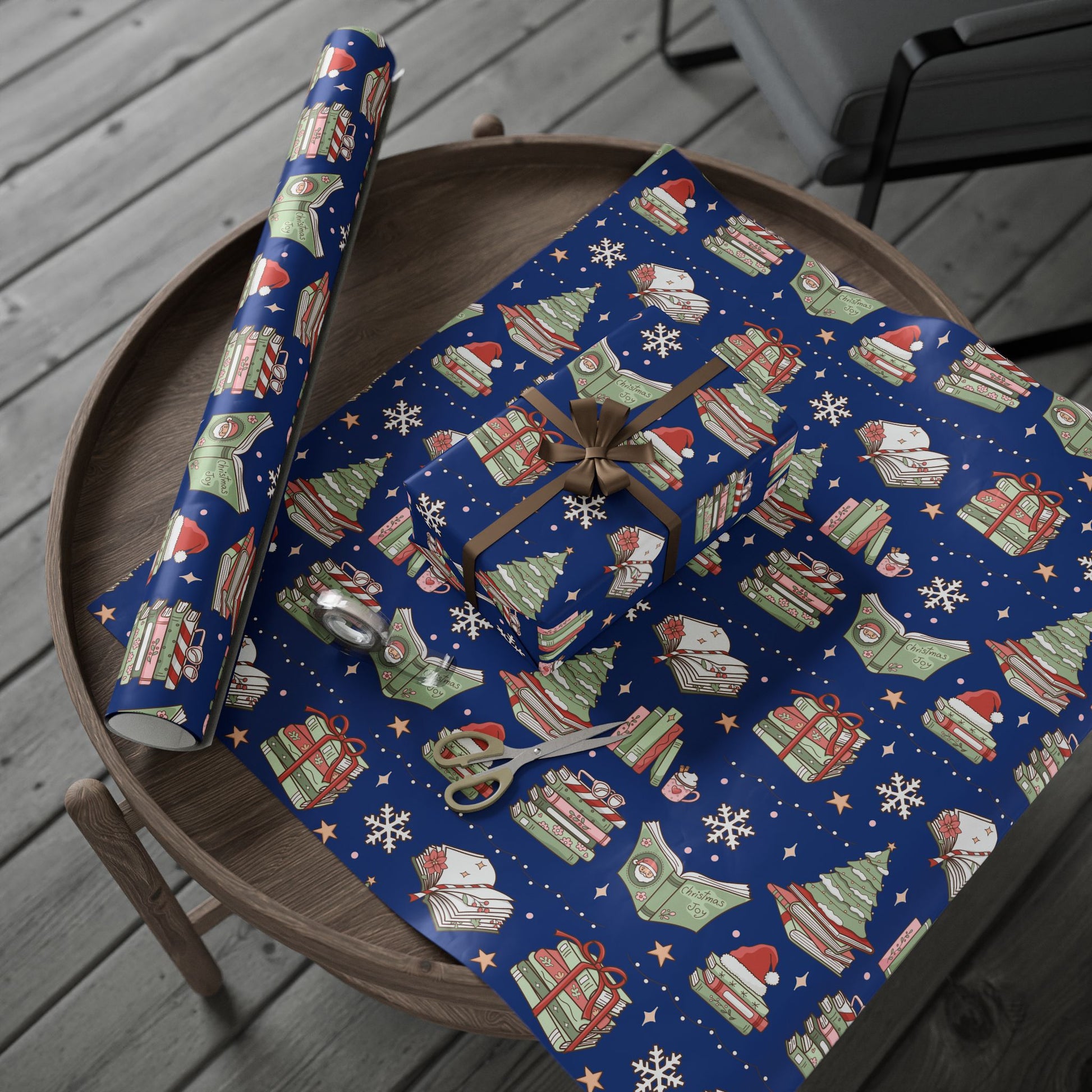 Wrapping Papers Royal Blue Christmas Books and Coffee Design Holiday Gift Wrap