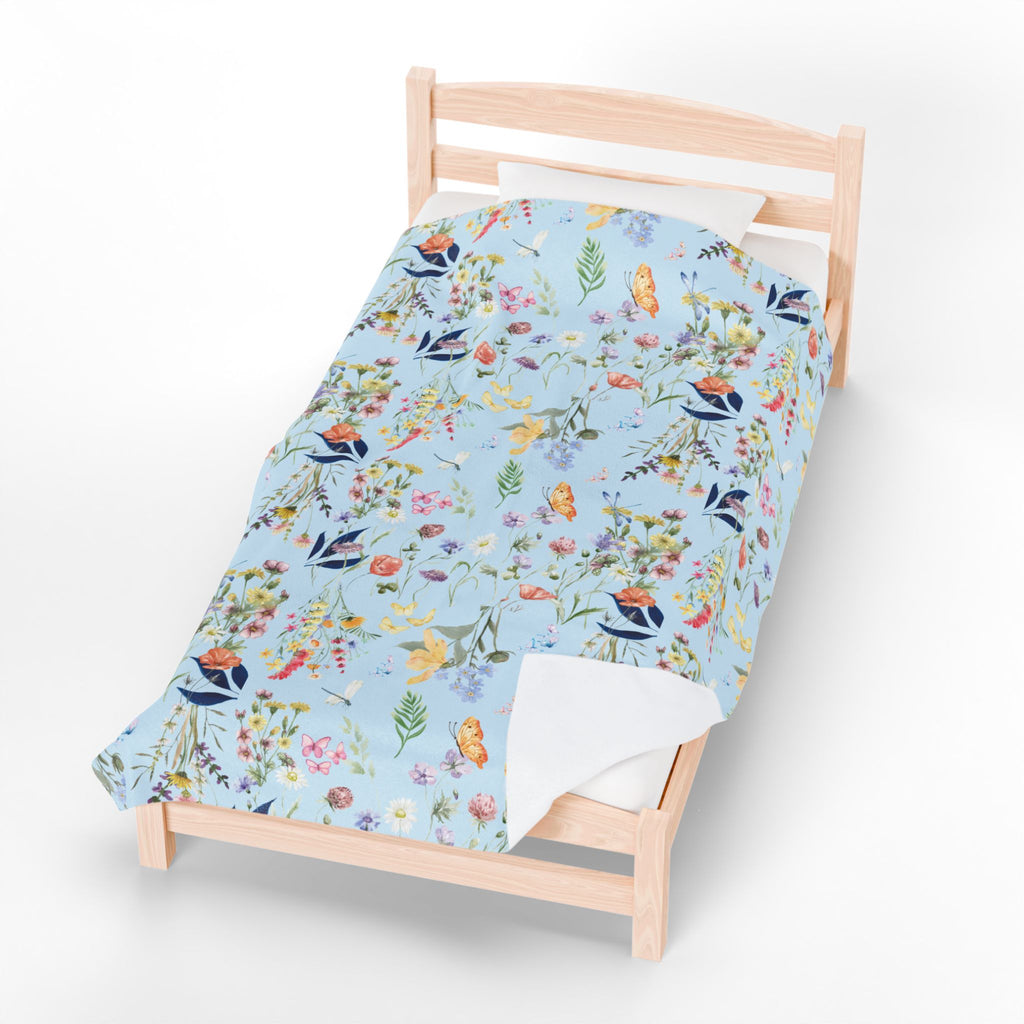 Icy Blue Watercolor Wildflowers Minky Velveteen Plush Blanket