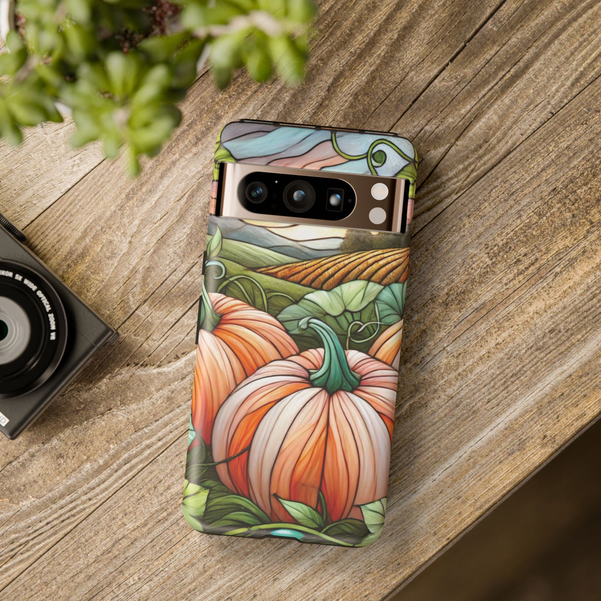 Pumpkins Phone Case Fall Faux Stained-Glass Thanksgiving Cover Pumpkin Lovers Gift for Galaxy S 24 23 22 21 Pixel 5 6 7 8 iPhone 17 , 16 15 14 13 12 Samsung iPhone Samsung Gift for Her