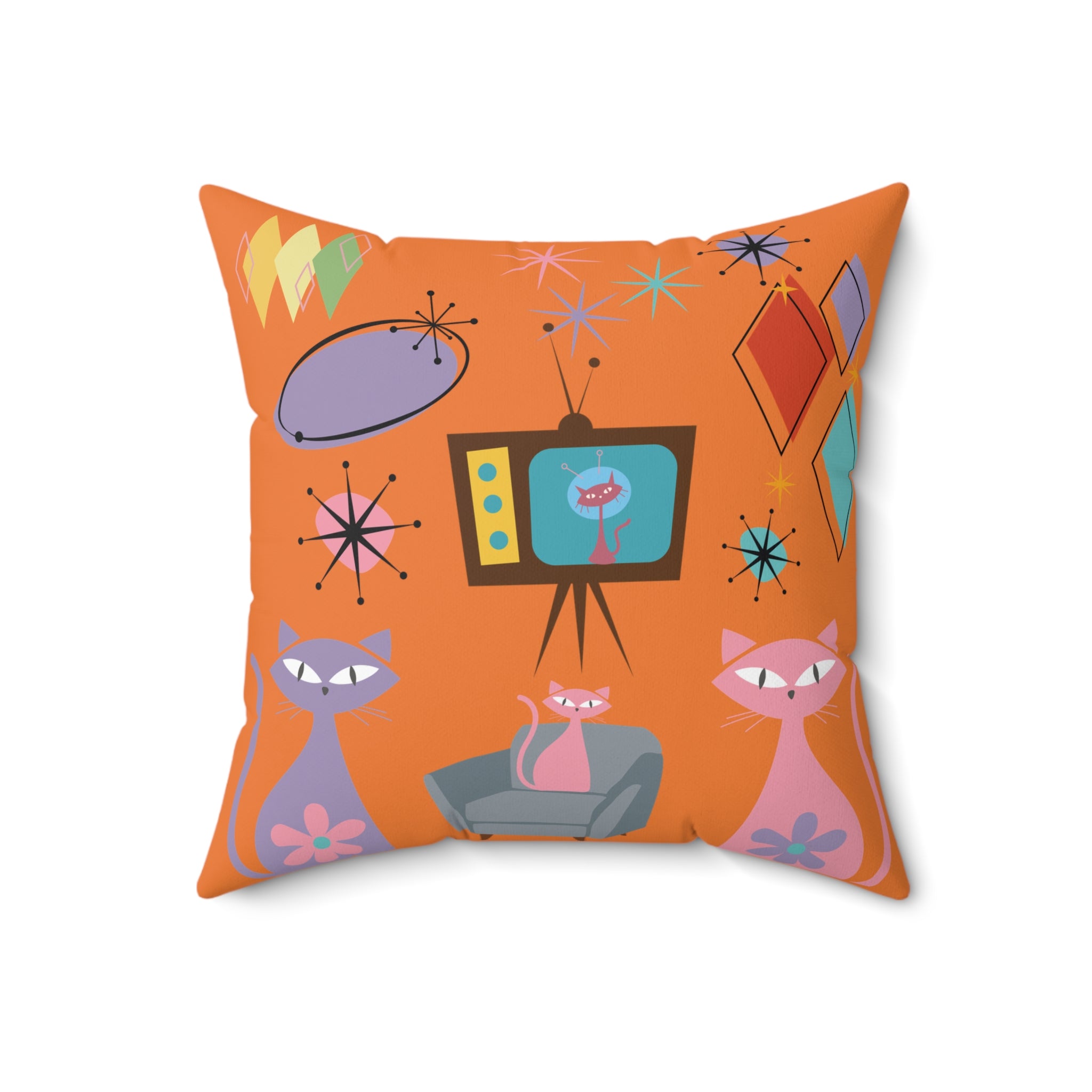 Atomic Cats Square Pillow | Retro Vintage 1950s Throw Pillow with Starburst Design | Mid Century Modern Home Decor for Cat Lovers & Retro Fans Reading Nook