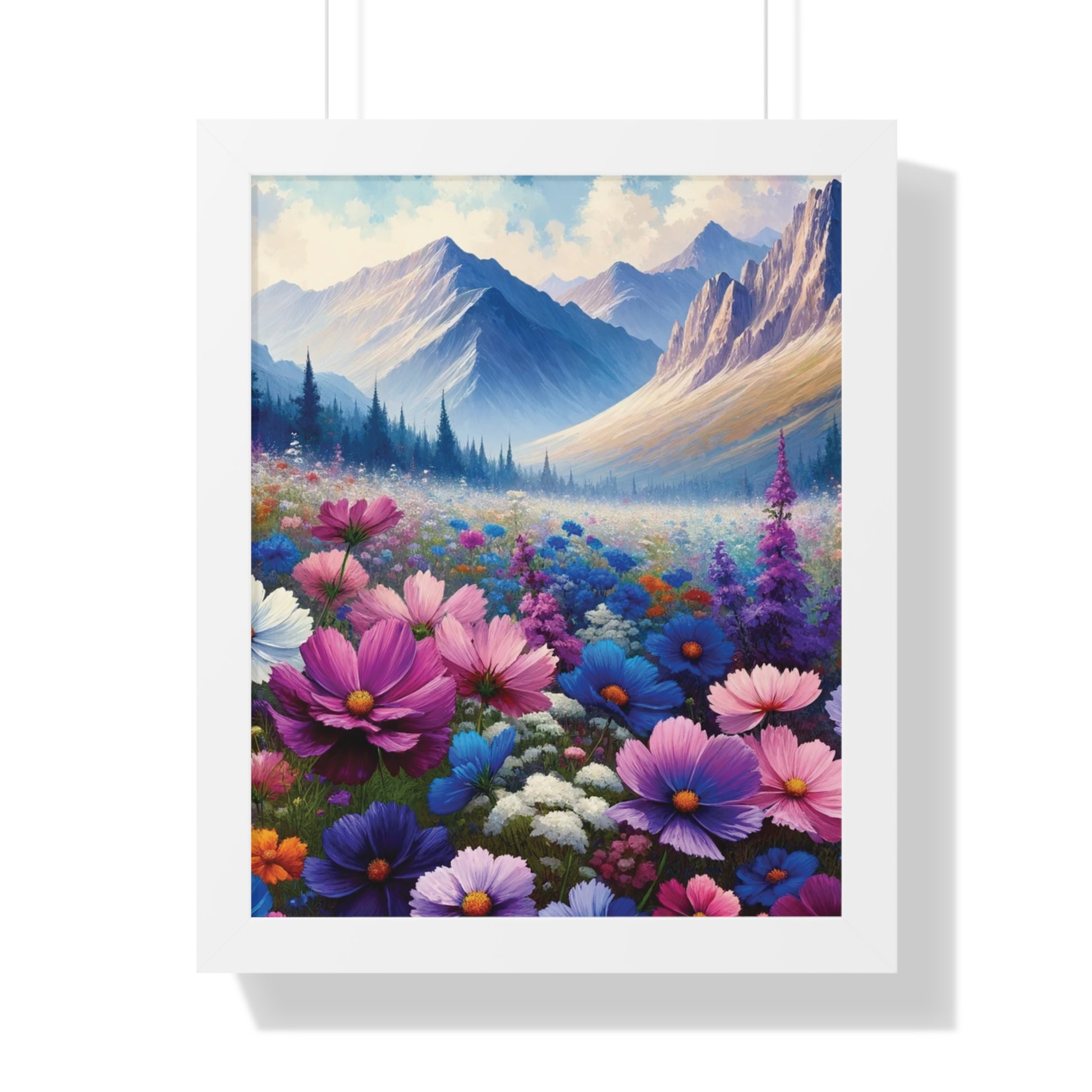 Wall Art Beautiful Wildflowers and Mountains Wildflower Art Watercolor Floral Framed Canvas Print Wall Art  Classic Encased in Black, White, or Walnut Frames with Durable Acrylic Protection Ready to Hang  Timelessly Crafted..