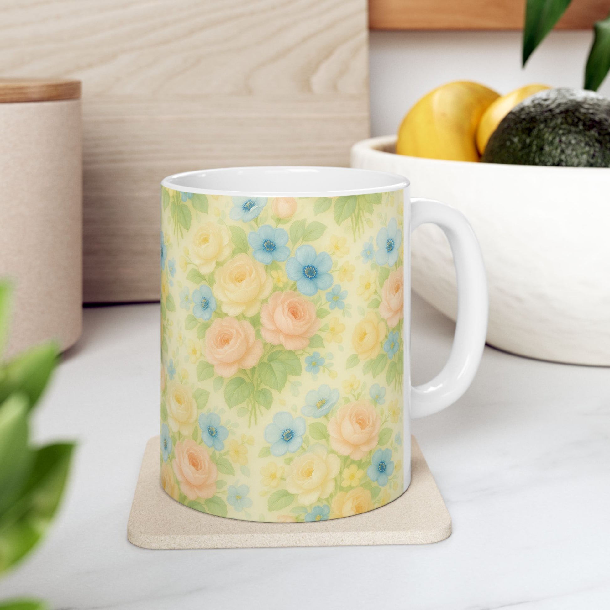 Vintage Pastel Yellow Floral Coffee Mug – 11 & 15oz Ceramic Mug, Romantic Gift for Her, Cottagecore Aesthetic, Cozy Hot Chocolate or Tea Mug for Home Decor