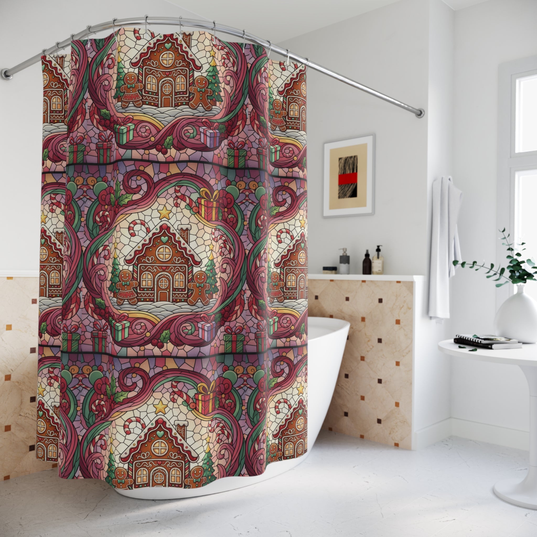 Gingerbread New House Christmas Shower Curtain Stylish Bathroom Decor, Perfect for a Fresh, Elegant Look and Durable for a Fresh, Stylish Look Wedding Gift for Mom Bridal Shower Gift Newlywed