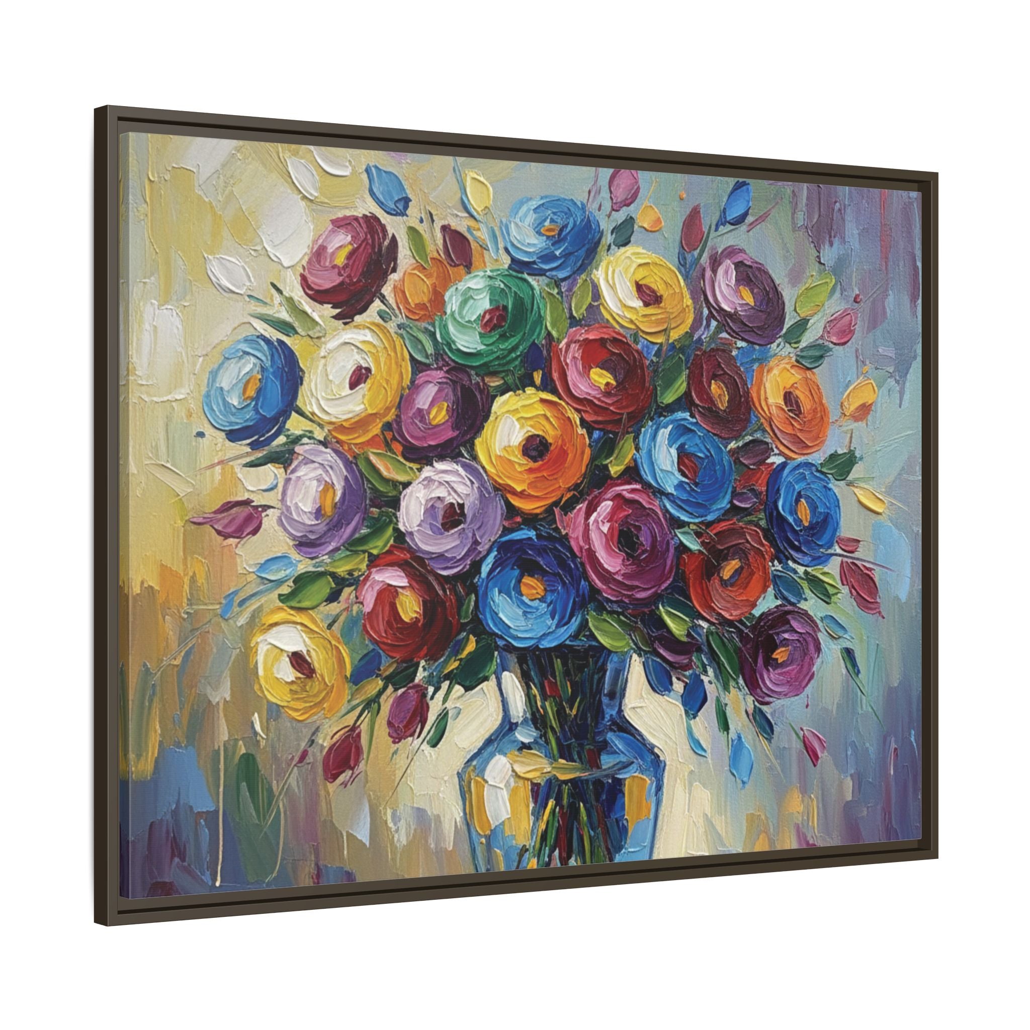 Impression sur toile bouquet floral aquarelle - Tableau mural encadré mat - Illusion de peinture à l'huile vibrante