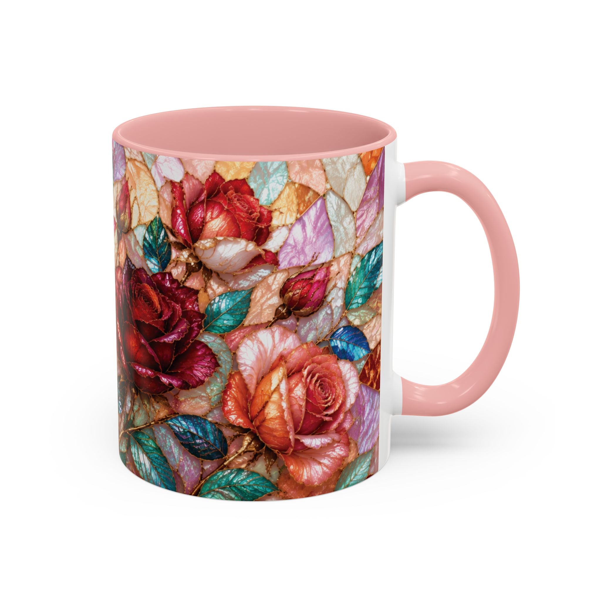 Floral Stained-Glass Accent Coffee Mug Colorful Rose Pattern (11/15 oz) Gift for Her