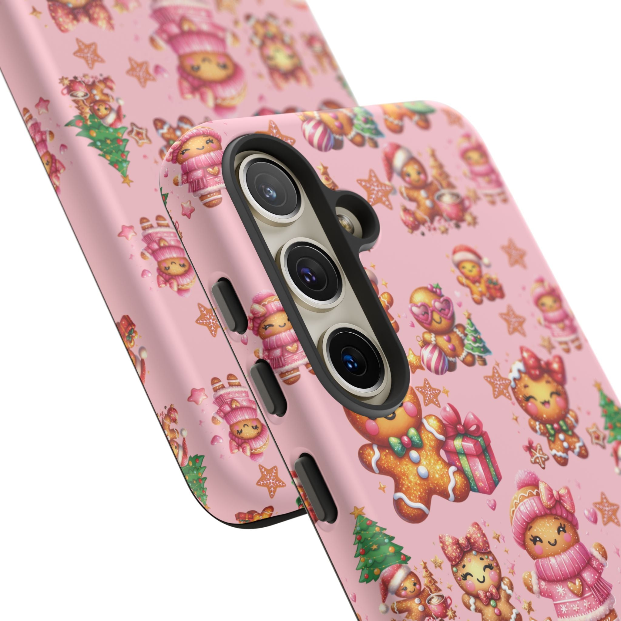 Coque de téléphone en forme de petite fille pain d'épices rose adorable, ambiance girly pour les fêtes, esthétique douce de Noël, idée cadeau mignonne et festive pour elle, housse de protection amusante