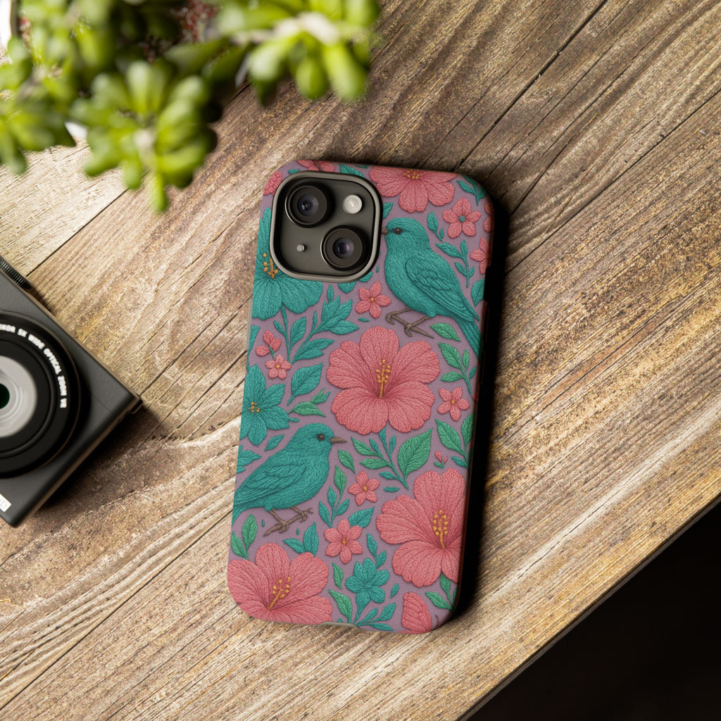 Turquoise, Pink and Lavender 3D Embroidery Illusion Phone Case Tropical Flowers, Birds & Butterflies Cover with Bold, Realistic Floral Texture iPhone, Samsung