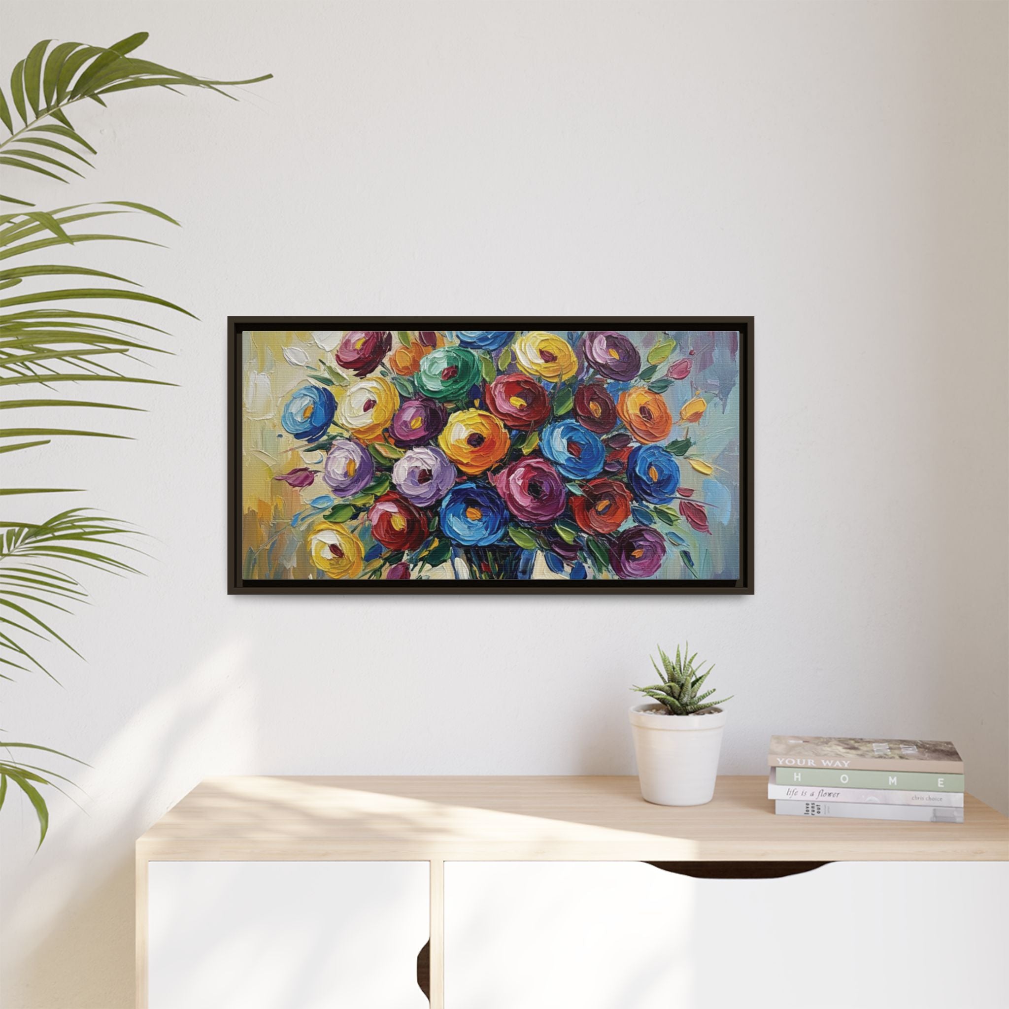 Impression sur toile bouquet floral aquarelle - Tableau mural encadré mat - Illusion de peinture à l'huile vibrante