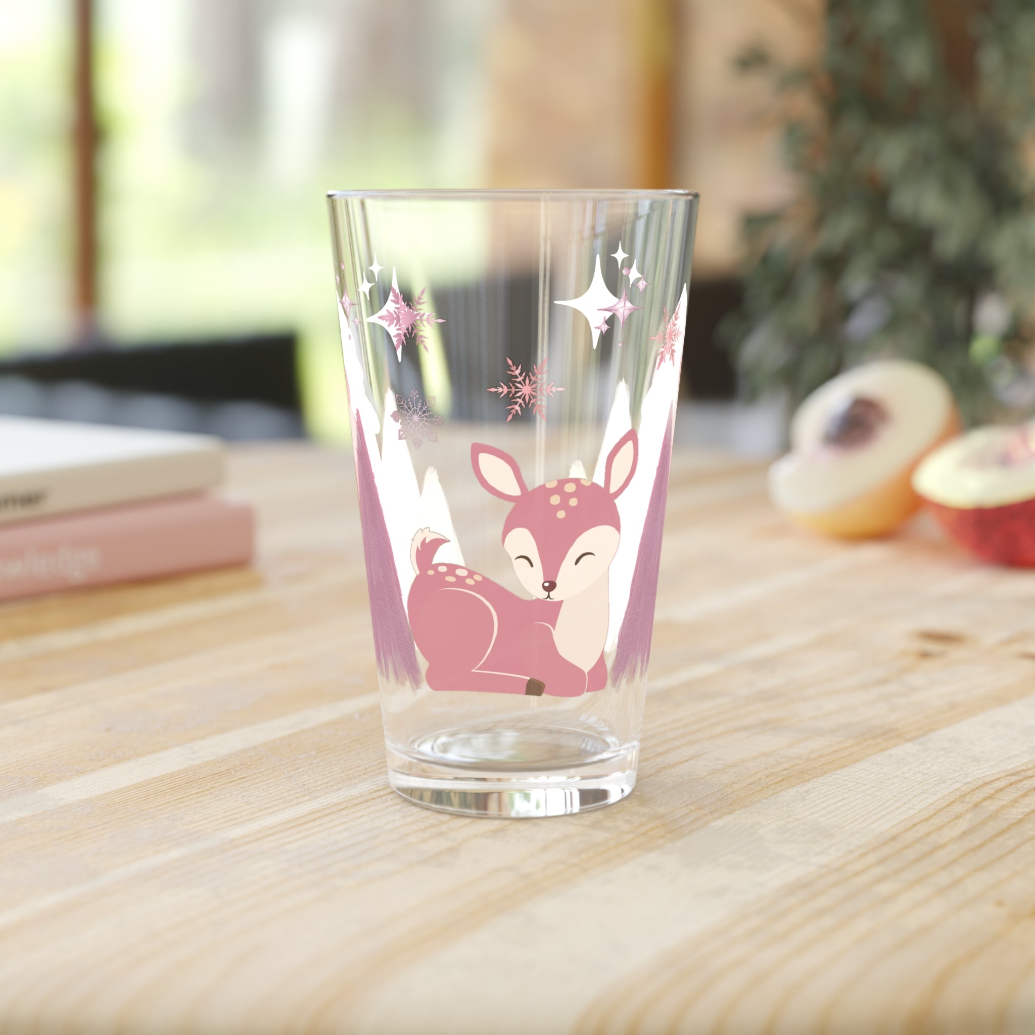 16oz Winter Deer Pint Glass, Pink & Lavender Christmas Cup, Whimsical Holiday Drinkware, Feminine Winter Bar Glass, Cute Xmas Gift, Cozy Vibes